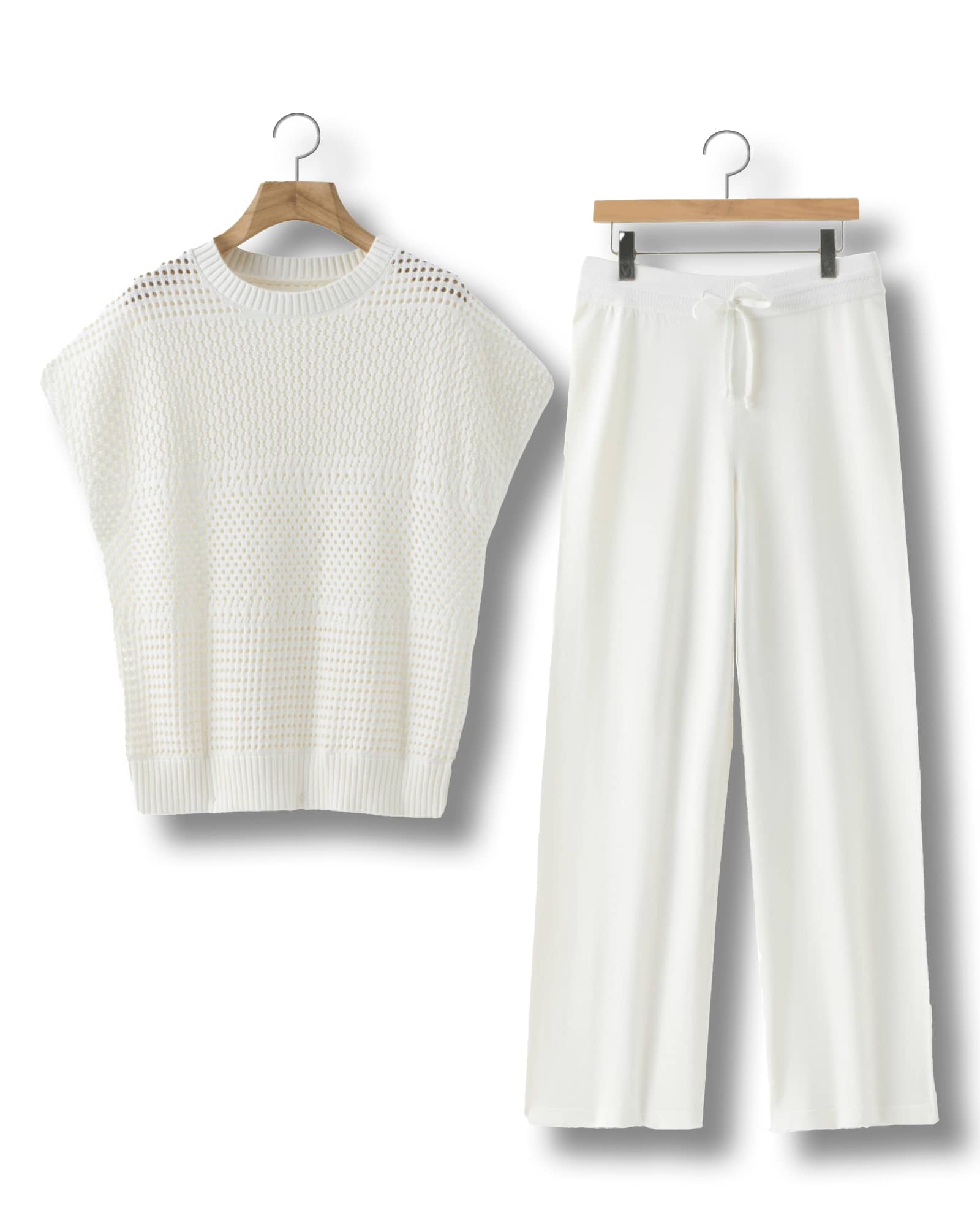 White Knitted Loungewear Set with Hollow - out