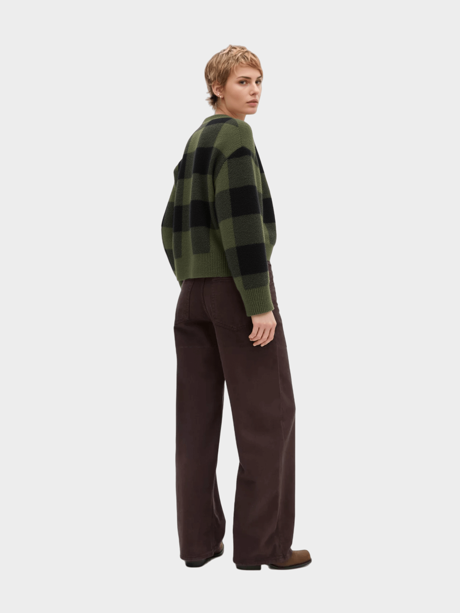 Green & Black Checkered V - Neck Sweater