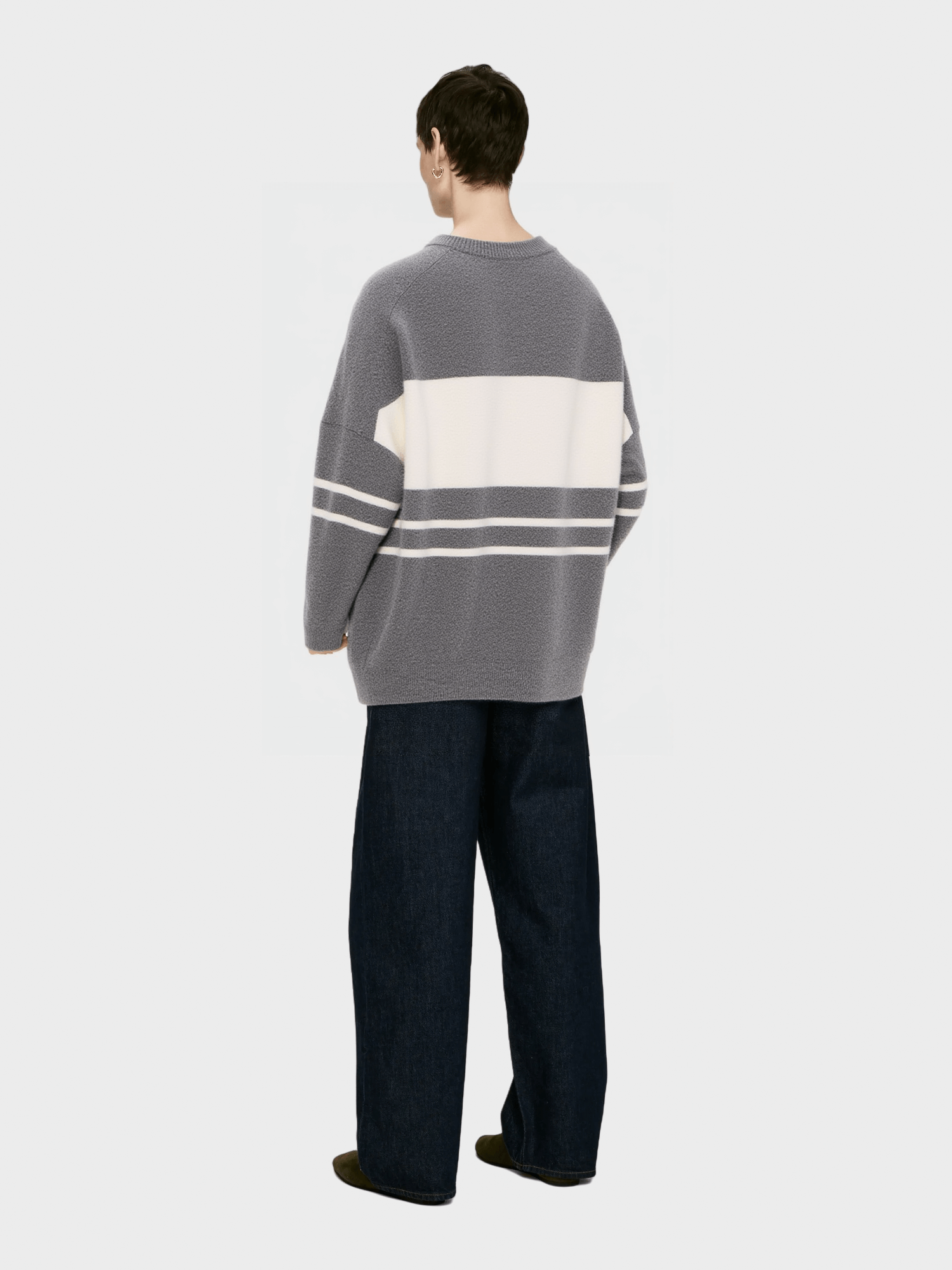 Grey & White Striped Crew Neck Sweater