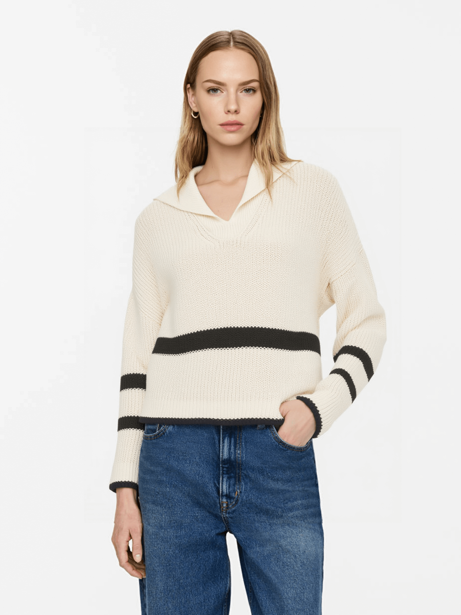 Cream Striped Collared Knit Sweater