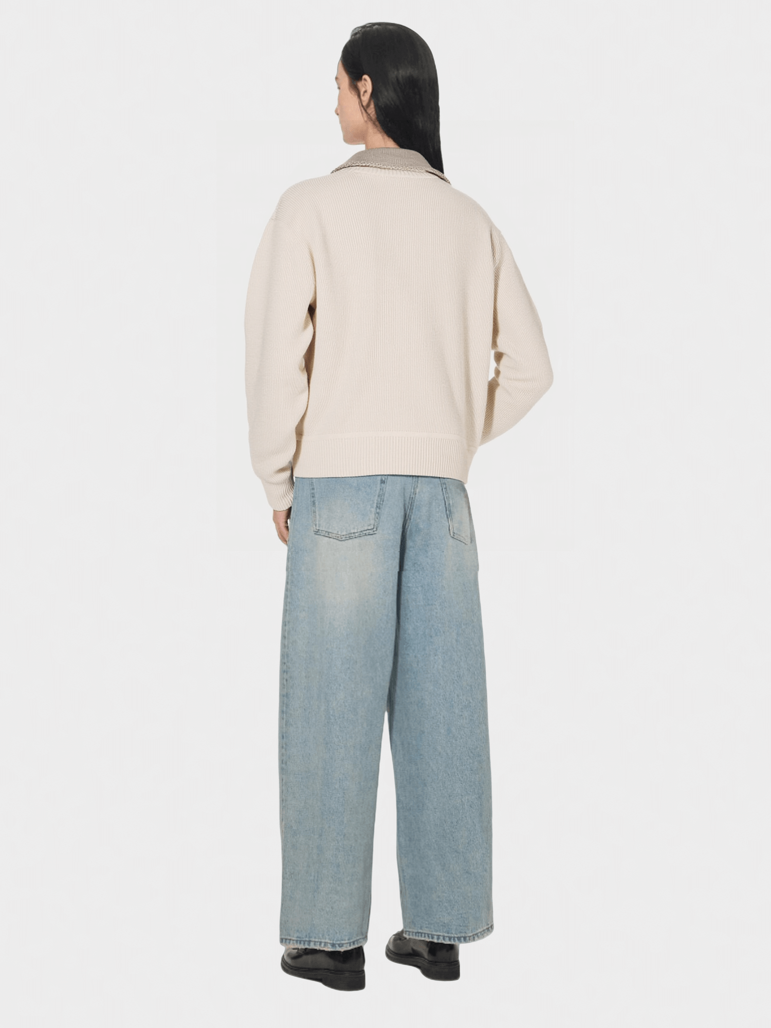 Beige Half - Zip Knit Sweater with Grey Collar