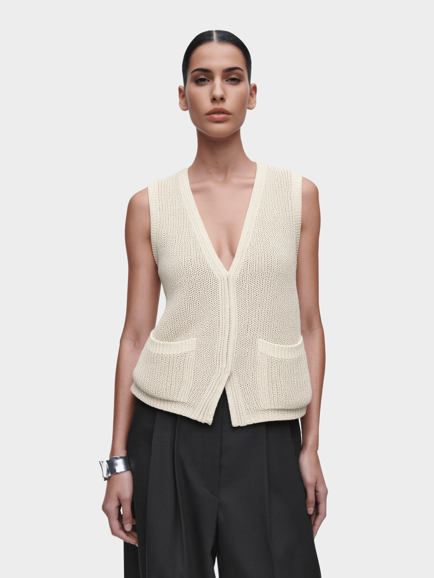 Cream Knit Vest with Pockets