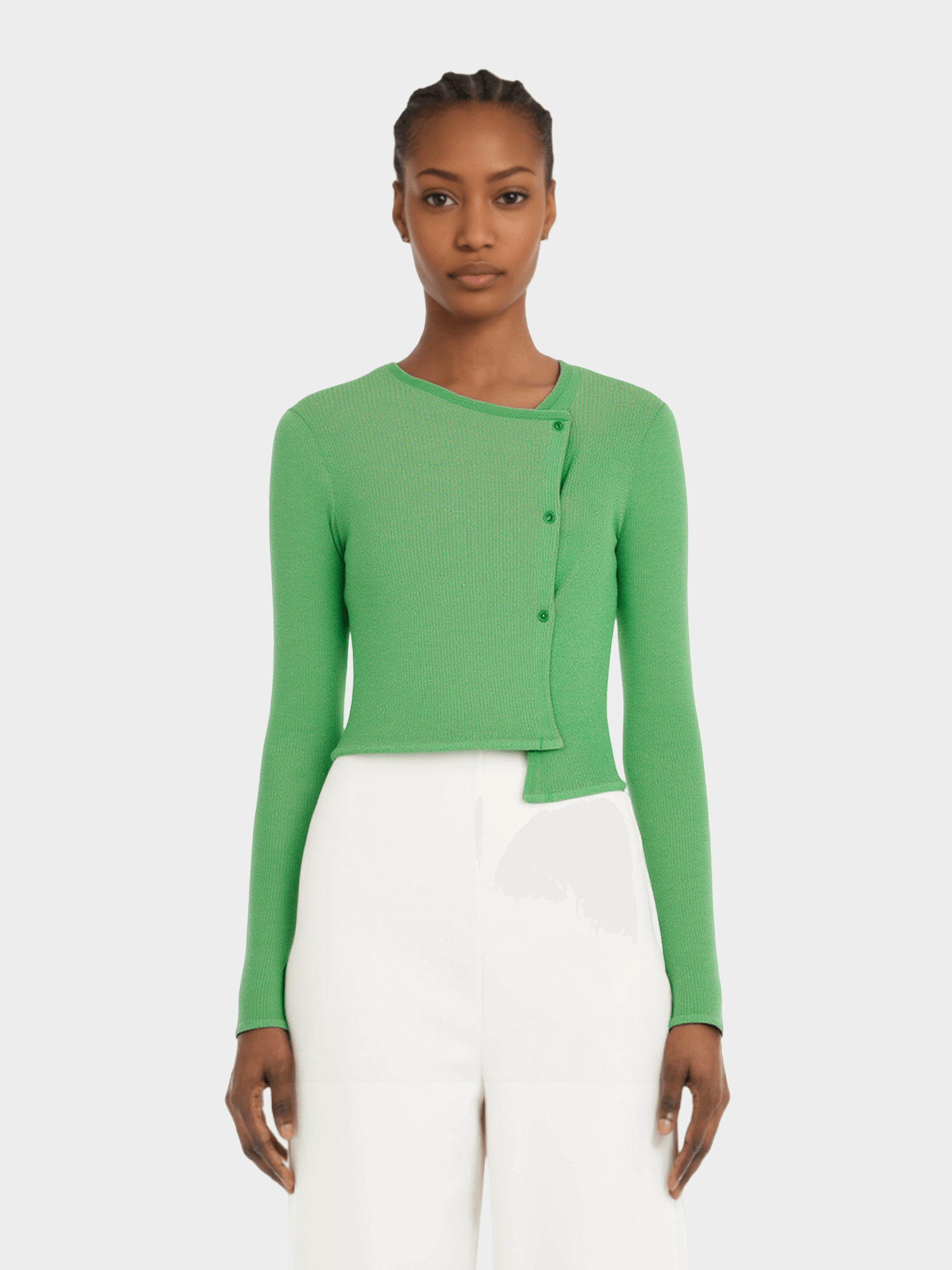 Green Asymmetric Button - Up Knit Top