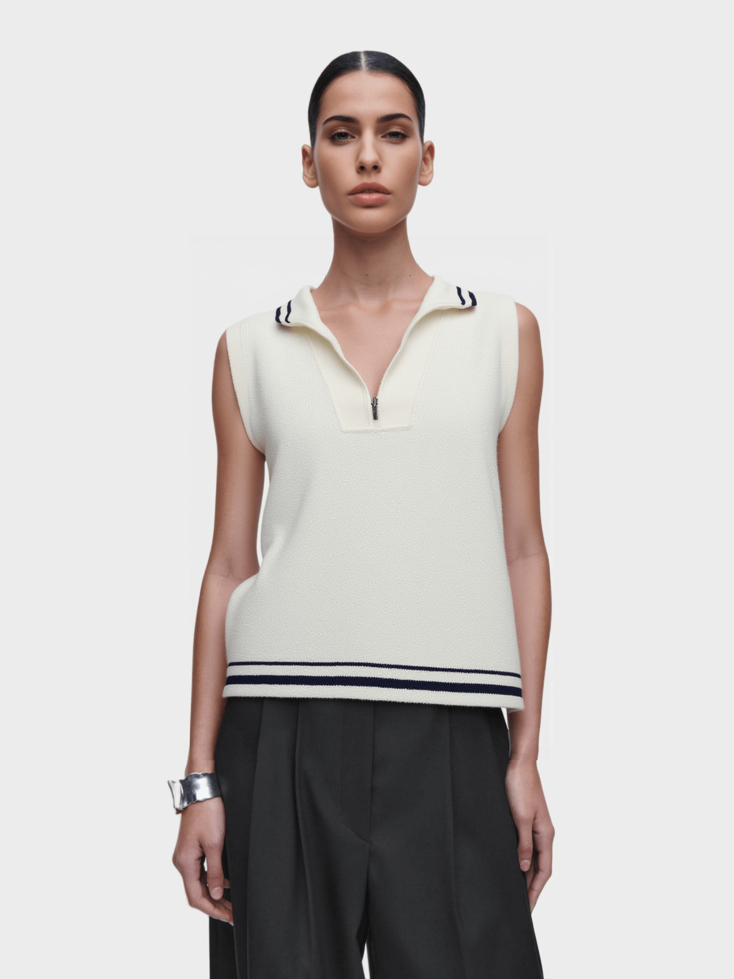 White Contrast - Trim Zip - Up Vest
