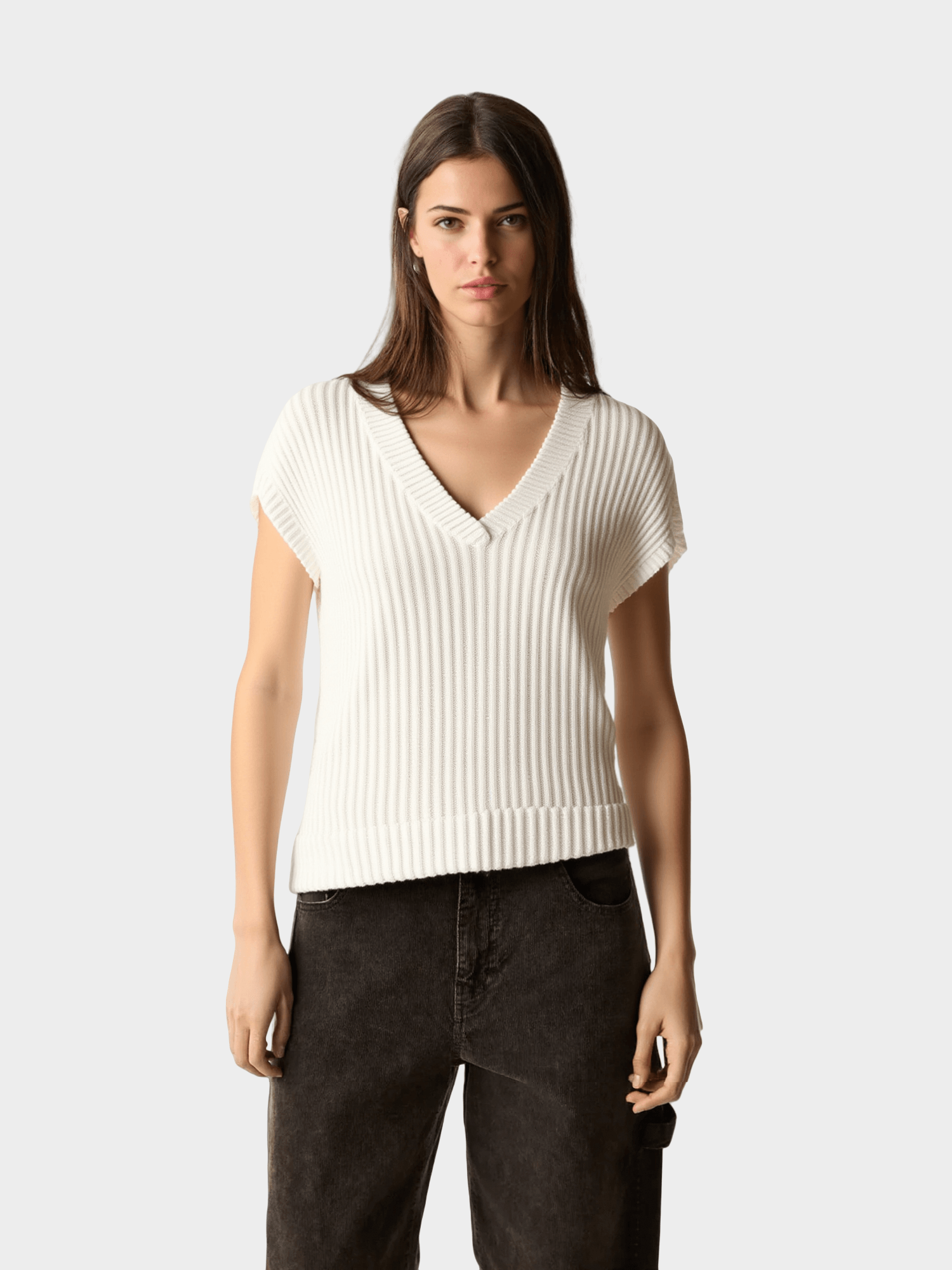 White Ribbed V - Neck Knit Top