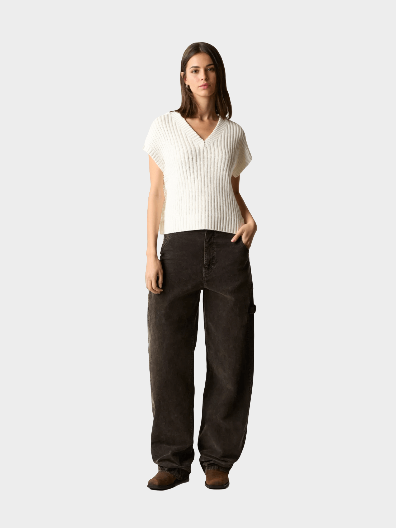 White Ribbed V - Neck Knit Top