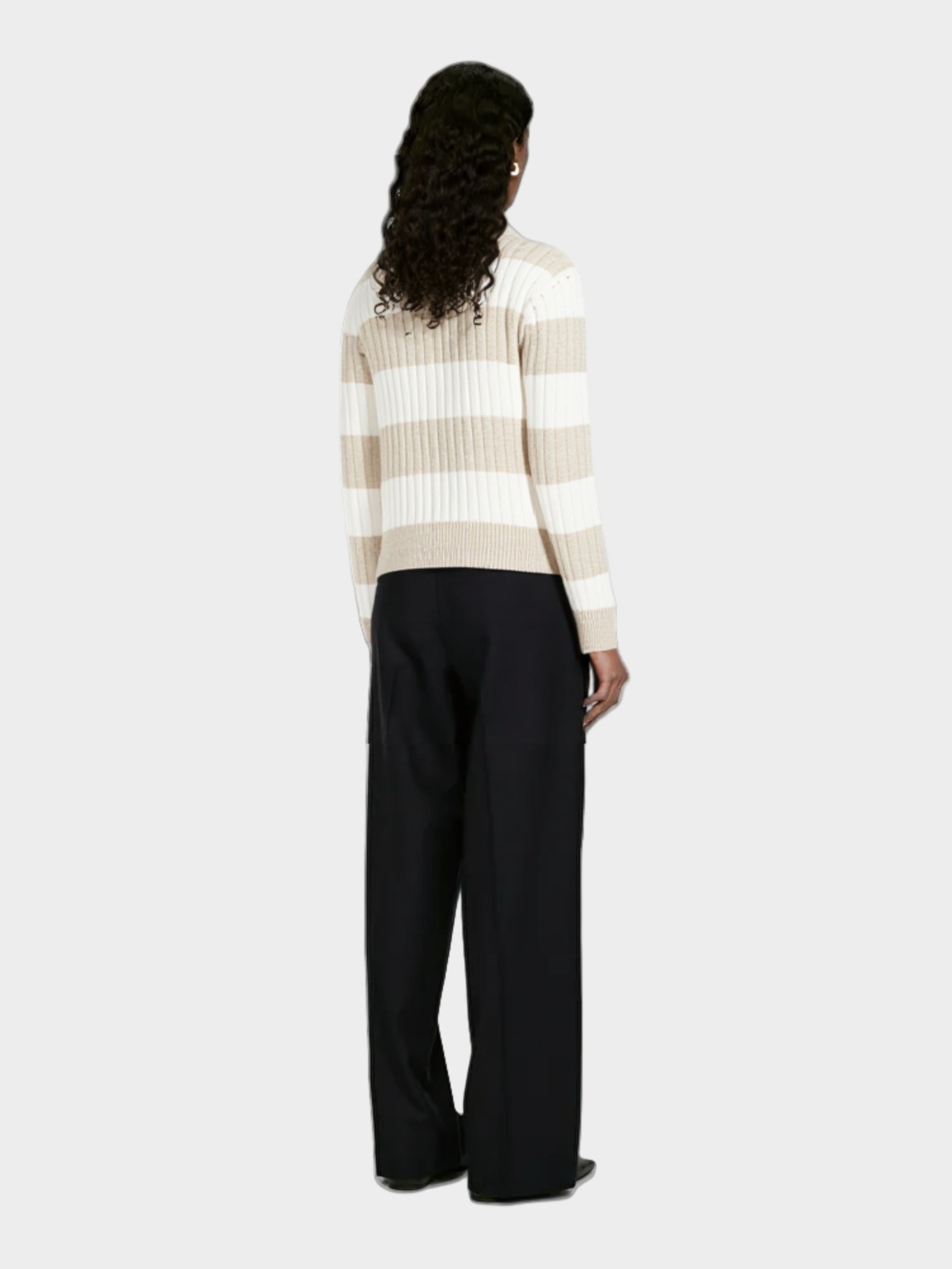 Beige and White Striped Crew - Neck Sweater