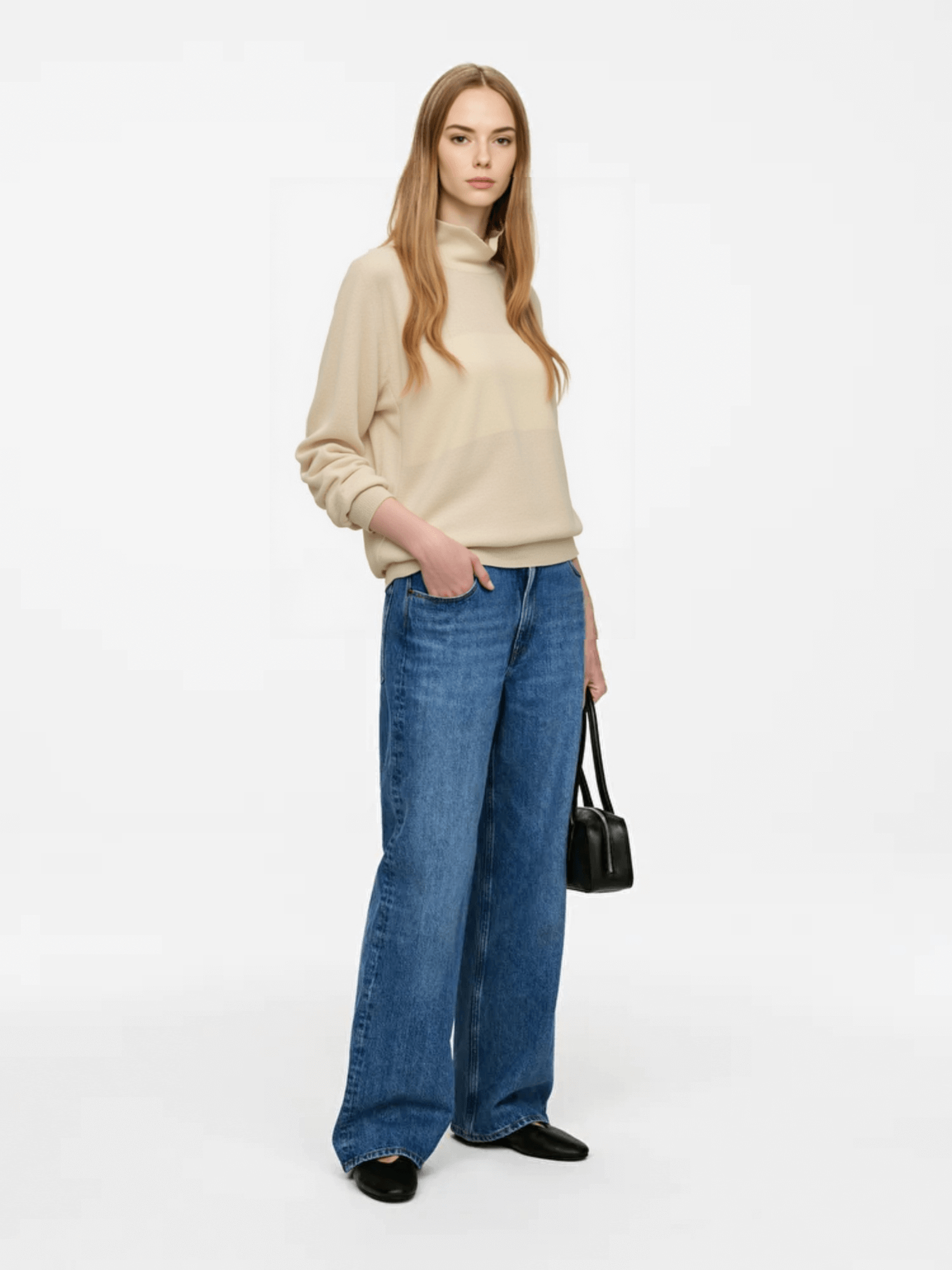 Beige Mock Neck Knit Sweater