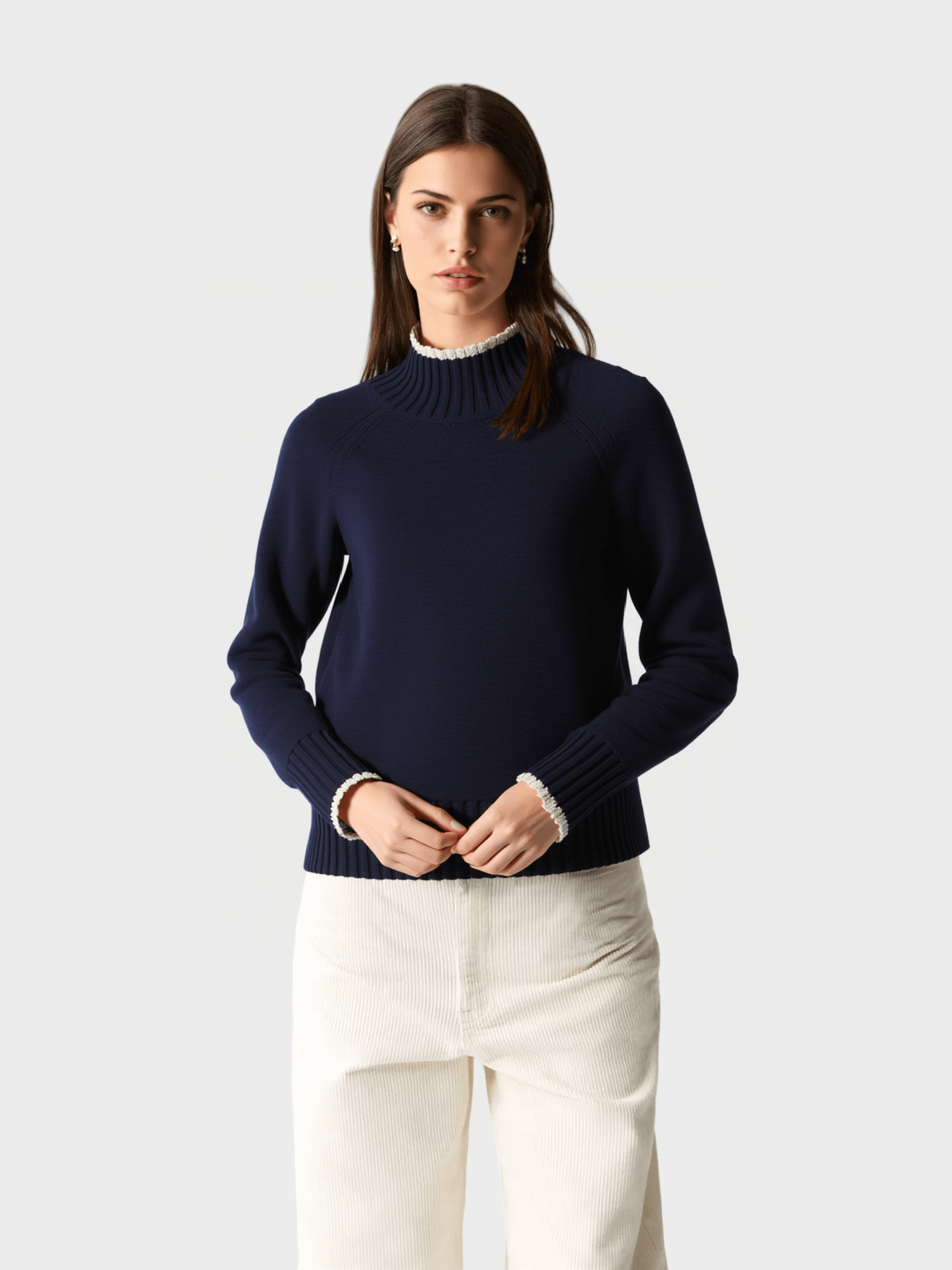 Navy Blue Ruffle-Trimmed Knit Sweater
