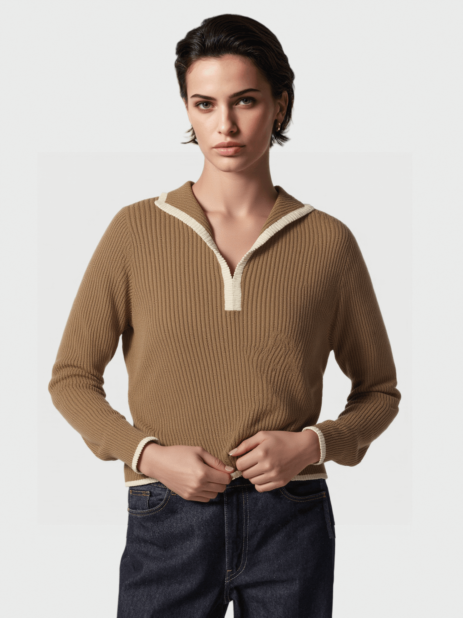 Brown Contrast-Trim Knit Sweater