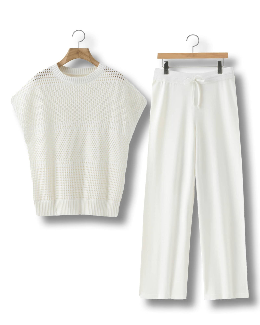 White Knitted Loungewear Set with Hollow - out