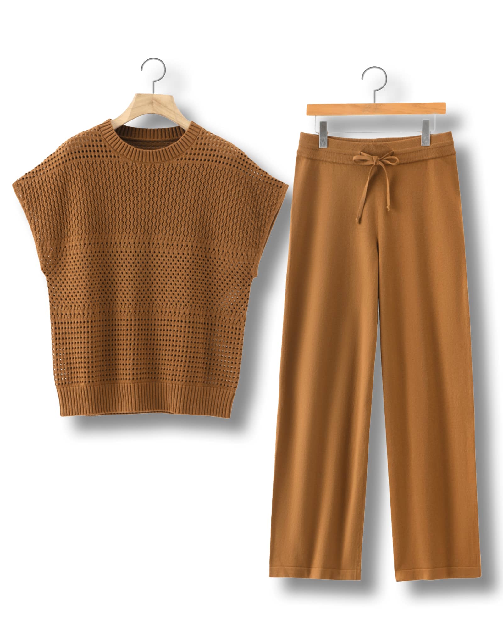 Brown Hollow - out Knitted Loungewear Set