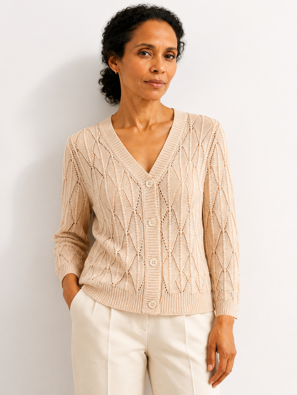 MY021 apricot openwork v-neck three-quarter sleeve cardigan front model view