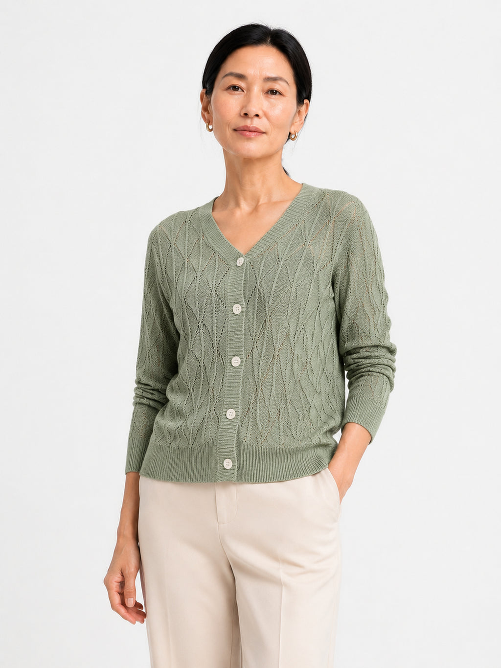 MY021 green openwork v-neck three-quarter sleeve cardigan front model view