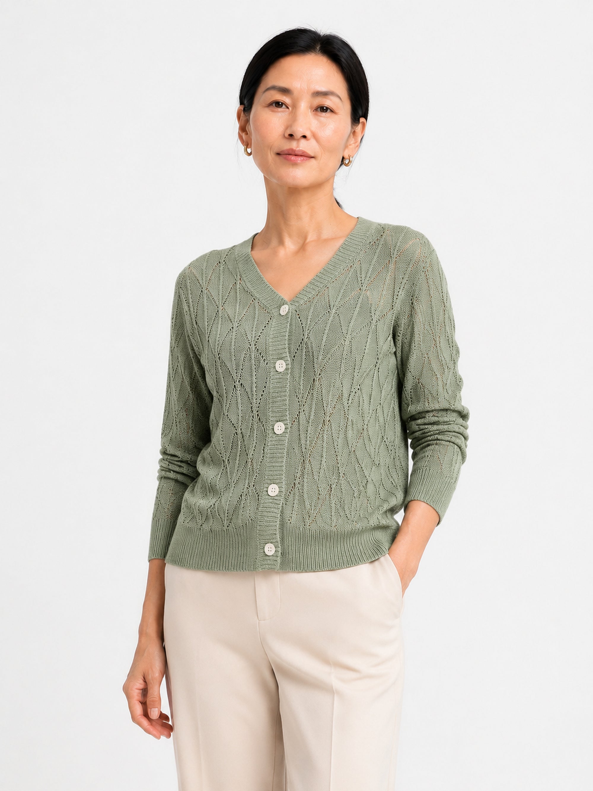 MY021 green openwork v-neck three-quarter sleeve cardigan front model view