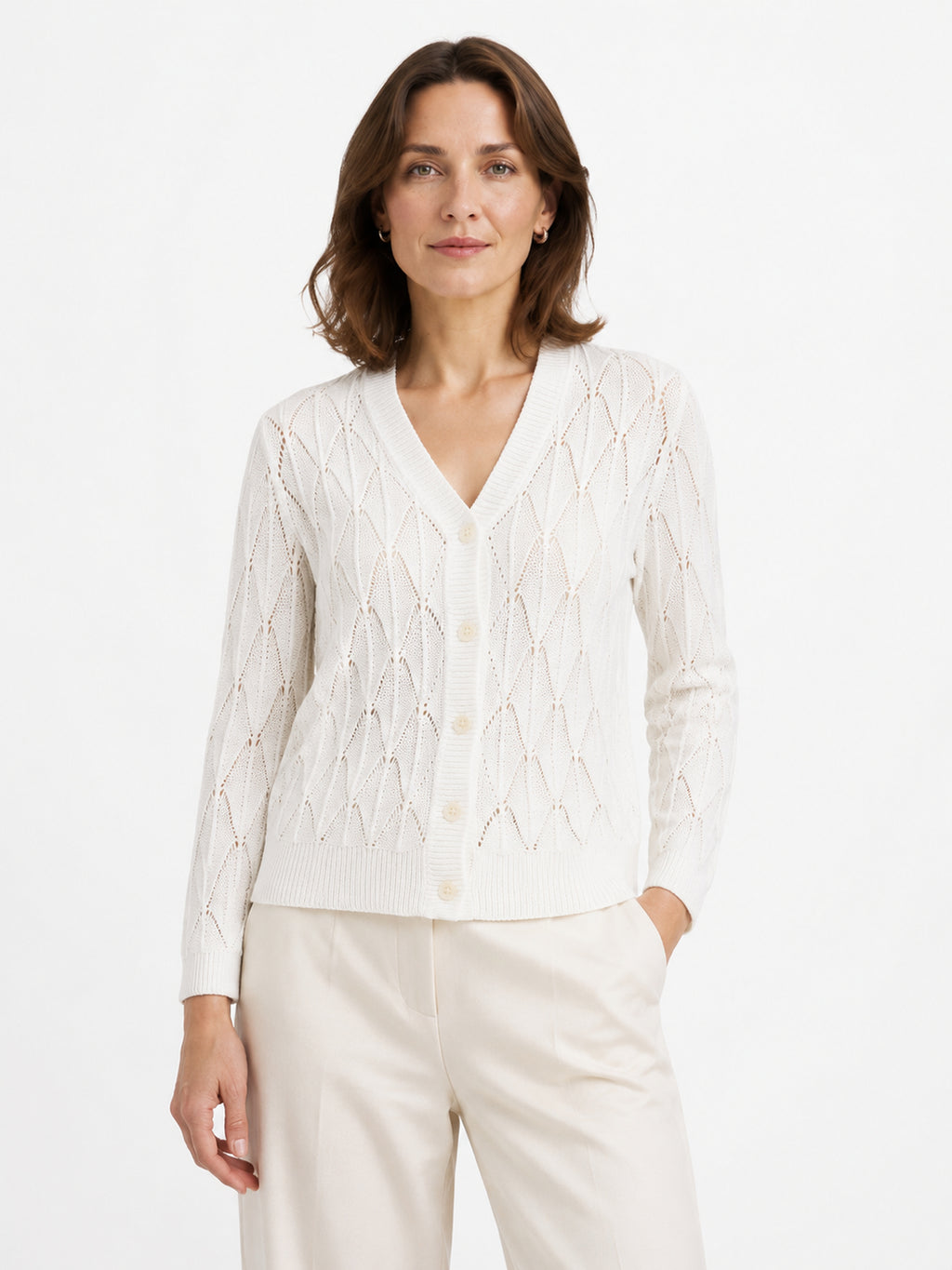 MY021 white openwork v-neck three-quarter sleeve cardigan front model view