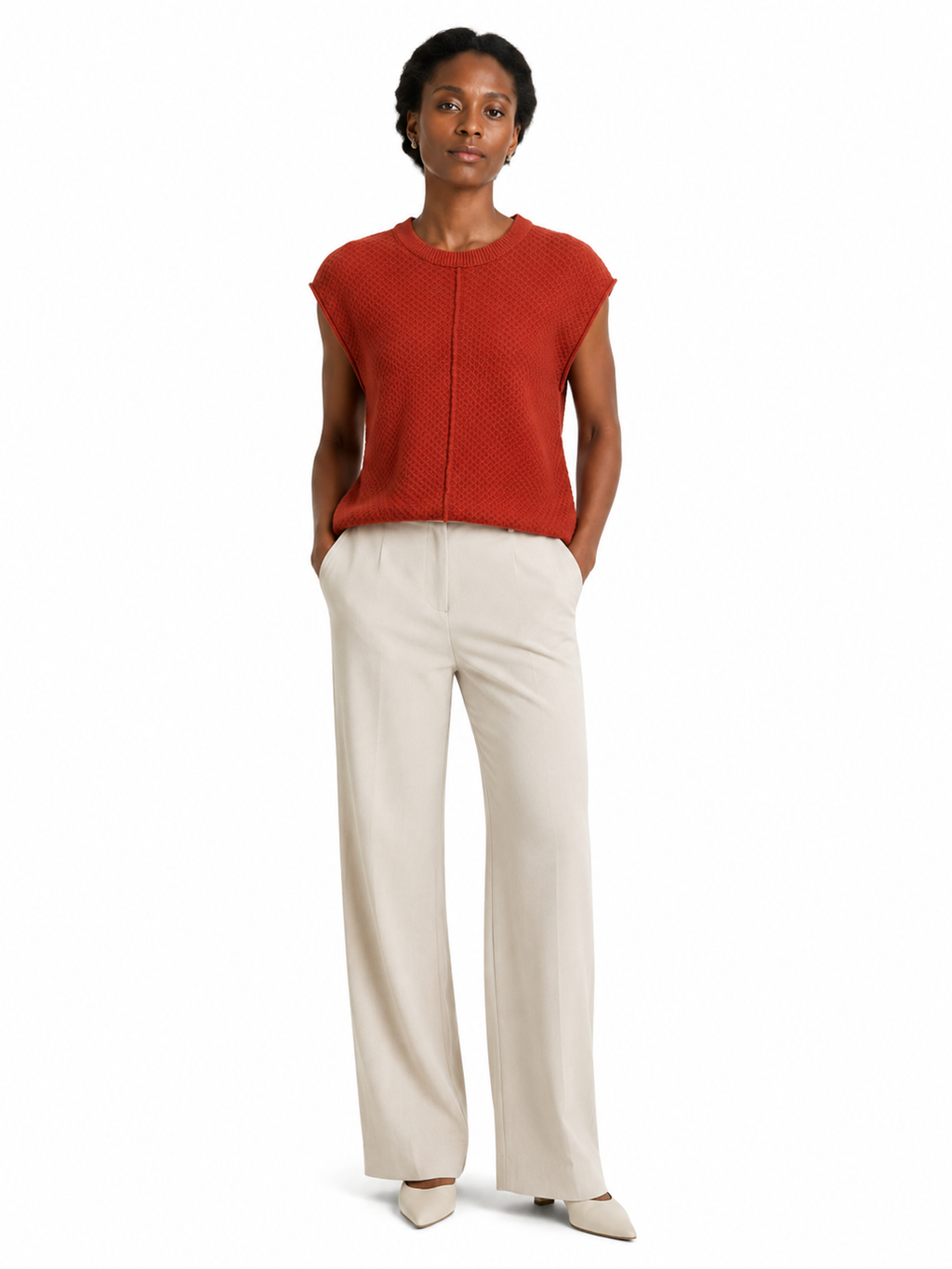 MY017 red textured sleeveless sweater tank front model view