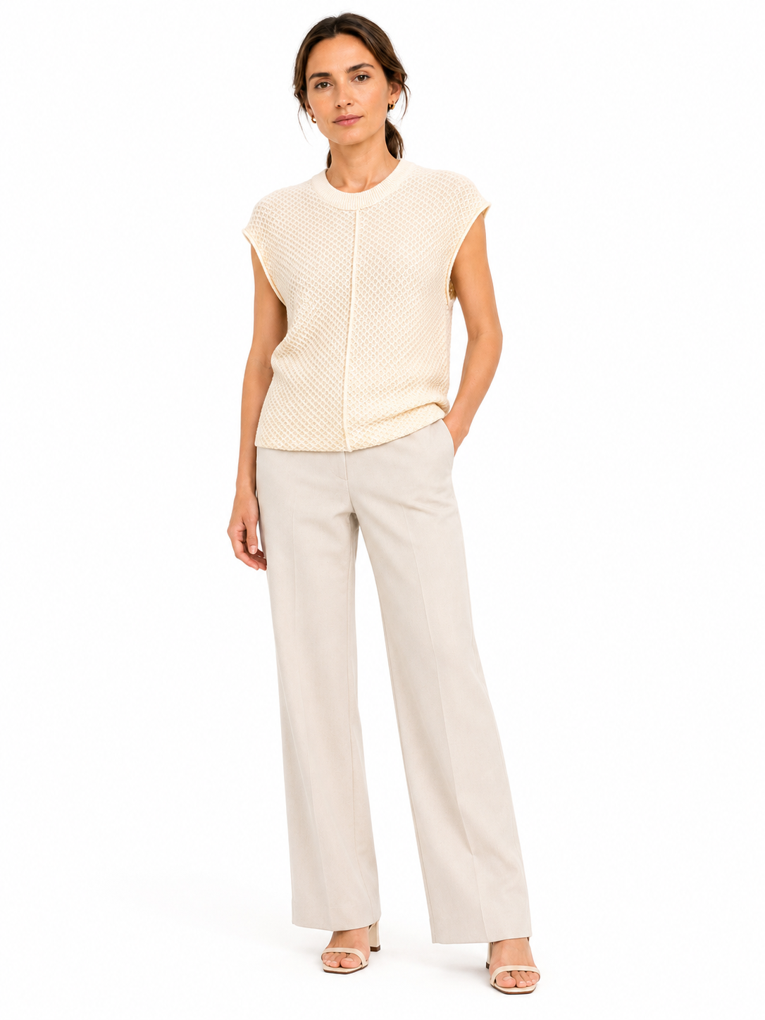 MY017 white textured sleeveless sweater tank front model view