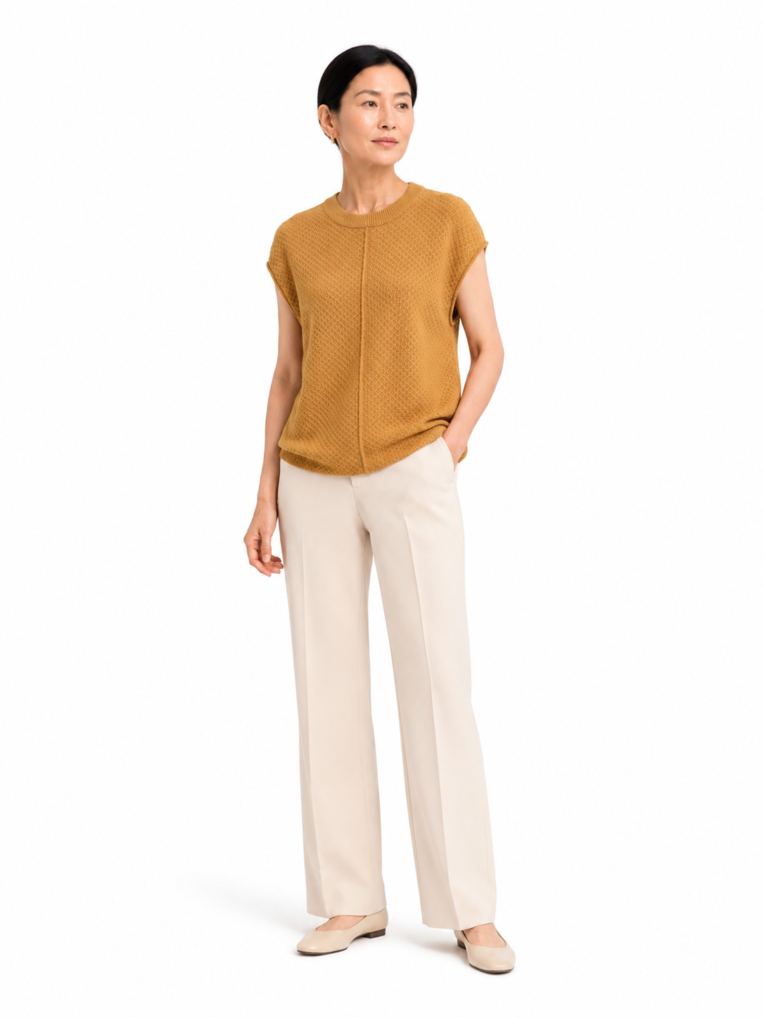 MY017 yellow textured sleeveless sweater tank front model view