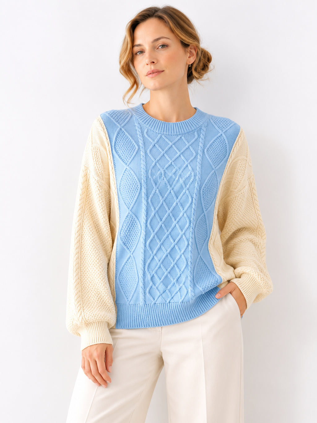MY005 blue textured cable-knit pullover sweater front model view