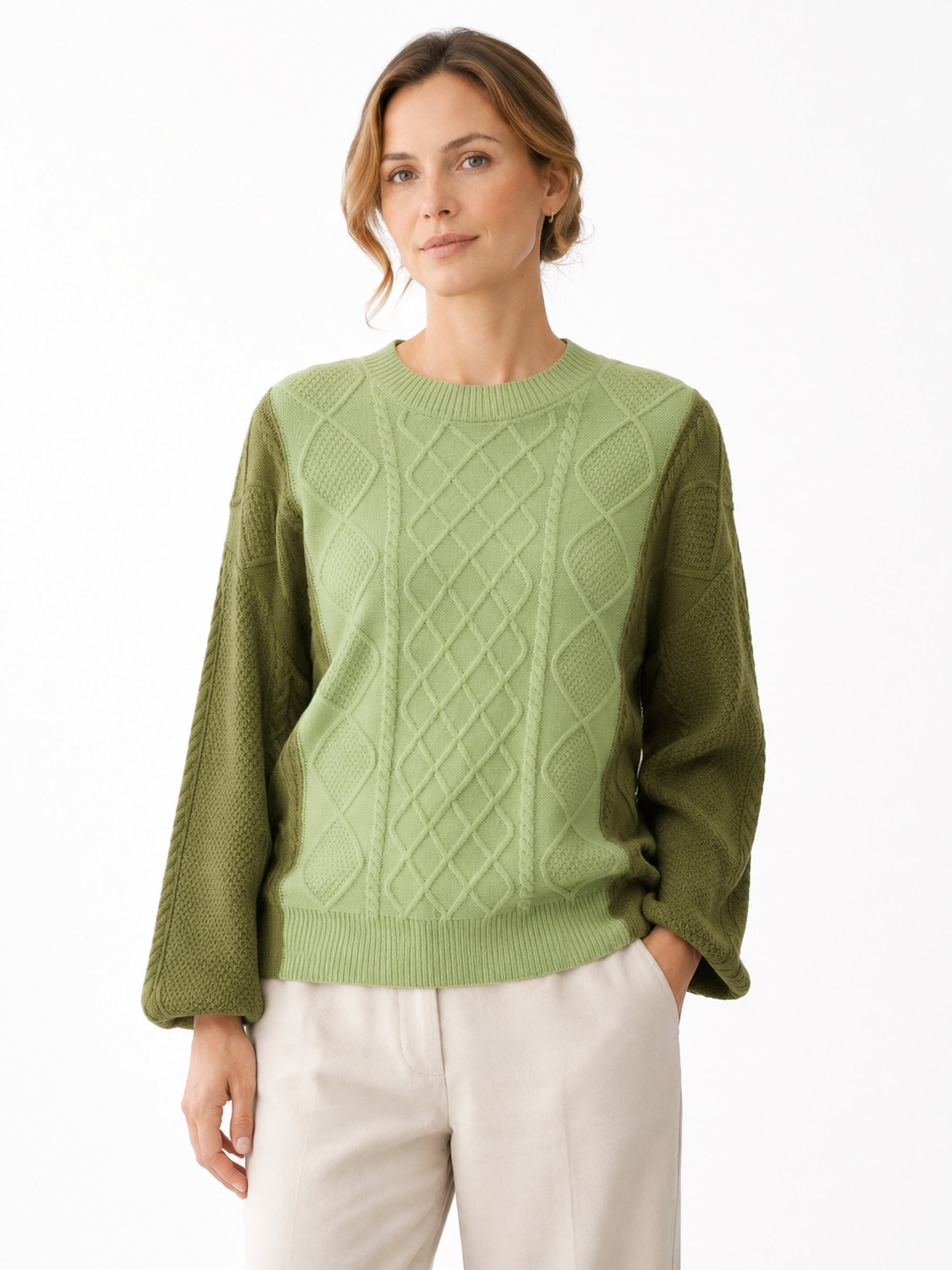 MY005 green textured cable-knit pullover sweater front model view