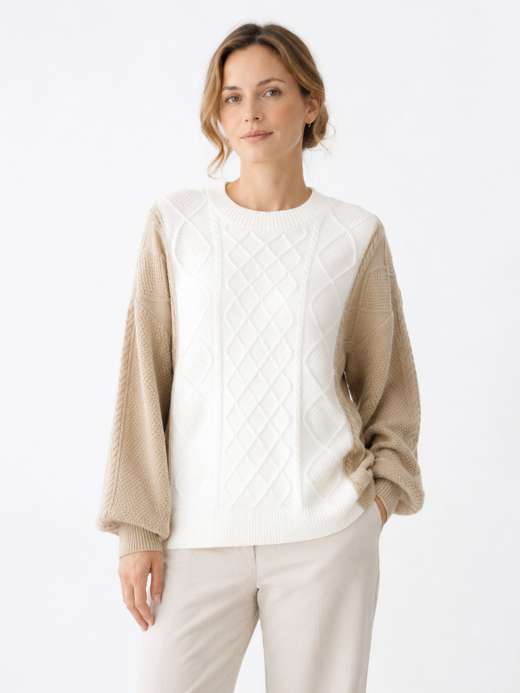 MY005 white textured cable-knit pullover sweater front model view