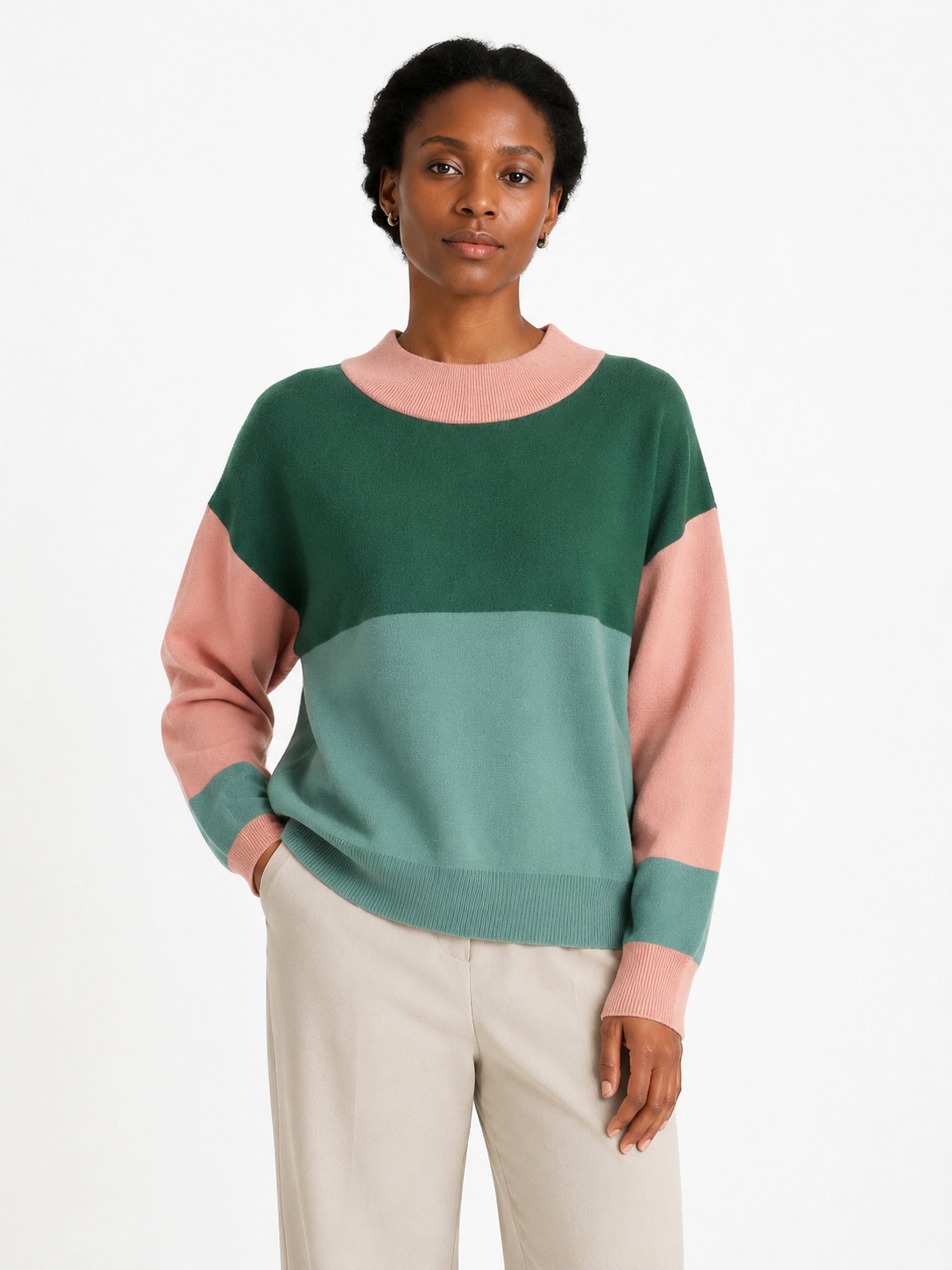 MY007 green wide-neck striped knit pullover front model view