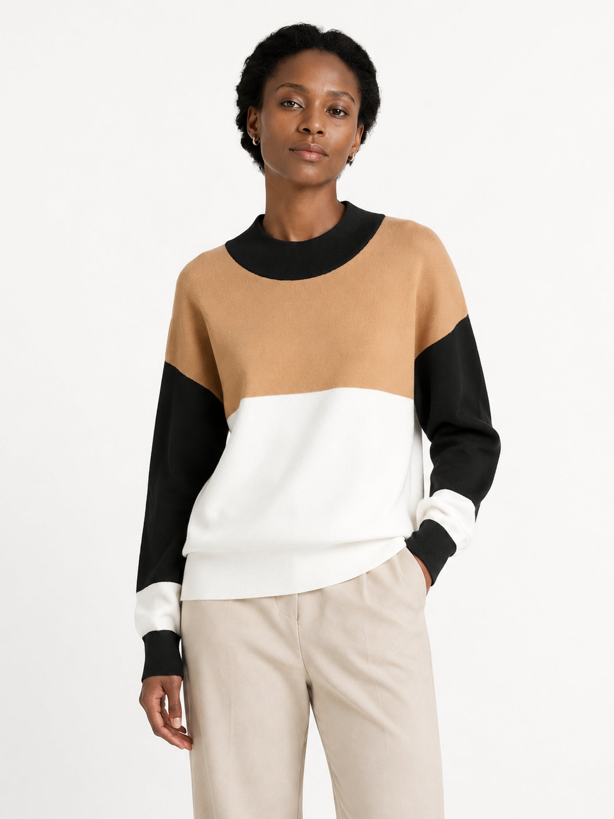 MY007 khaki wide-neck striped knit pullover front model view