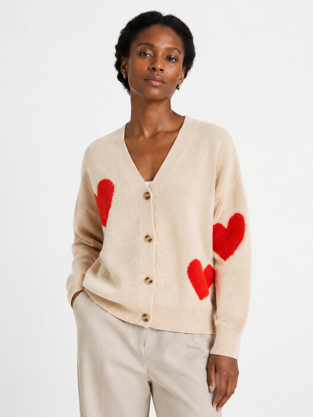 MY014 apricot oversized jacquard knit cardigan front model view