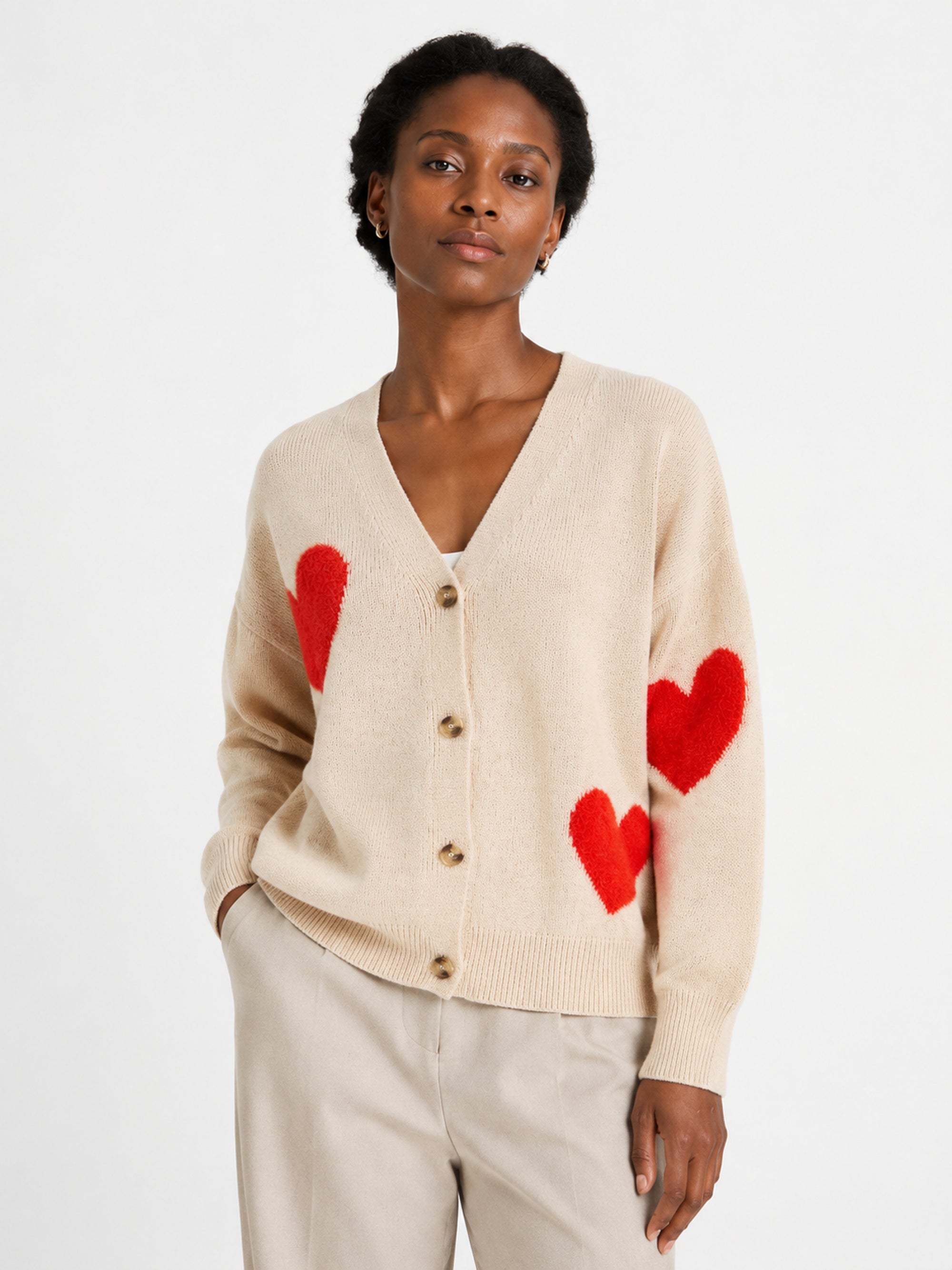 MY014 apricot oversized jacquard knit cardigan front model view