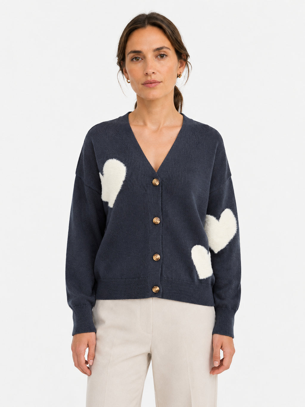 MY014 blue oversized jacquard knit cardigan front model view