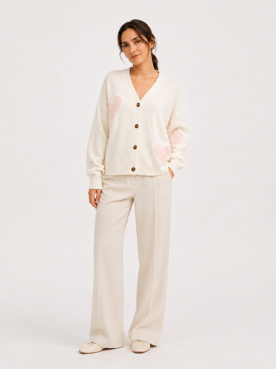 MY014 white oversized jacquard knit cardigan front model view