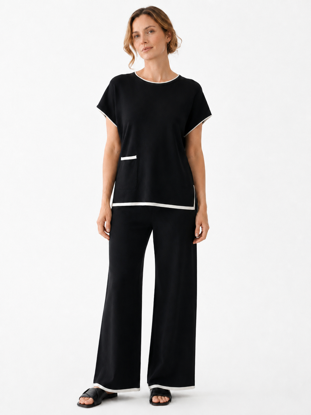 MY001 black contrast-trim sleeveless knit set front model view