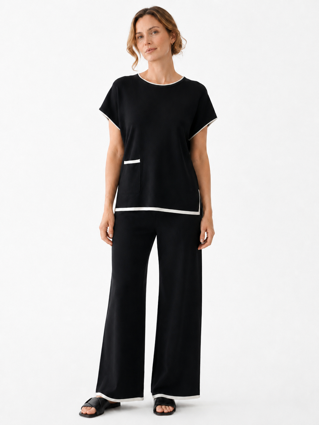 MY001 black contrast-trim sleeveless knit set front model view