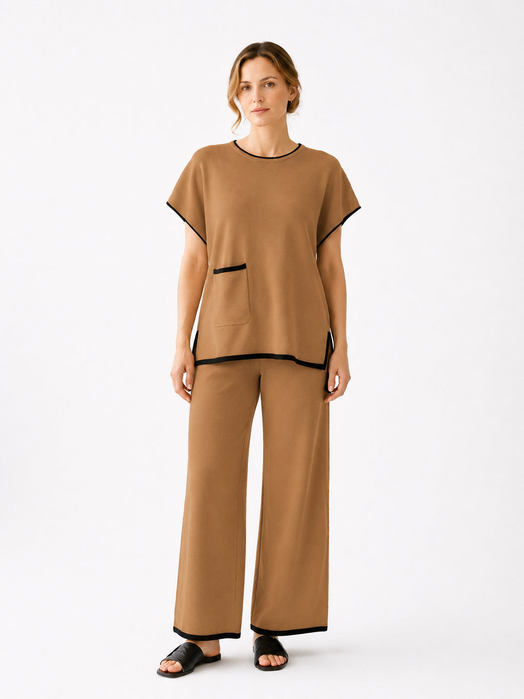 MY001 brown contrast-trim sleeveless knit set front model view