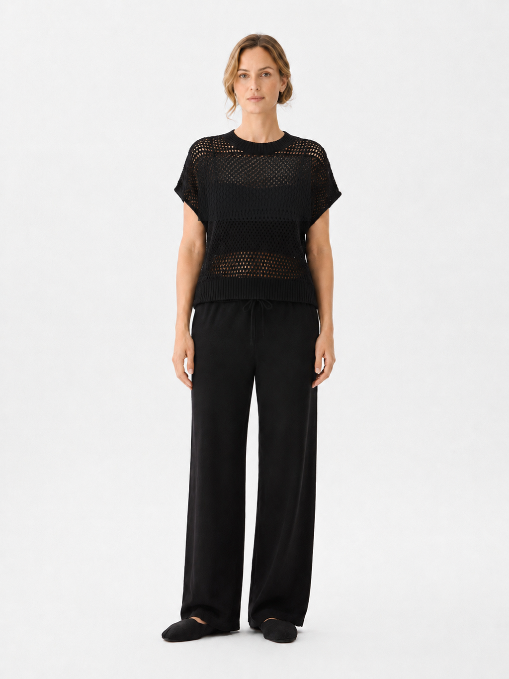 MY010 black open-knit sleeveless top & pants set front model view