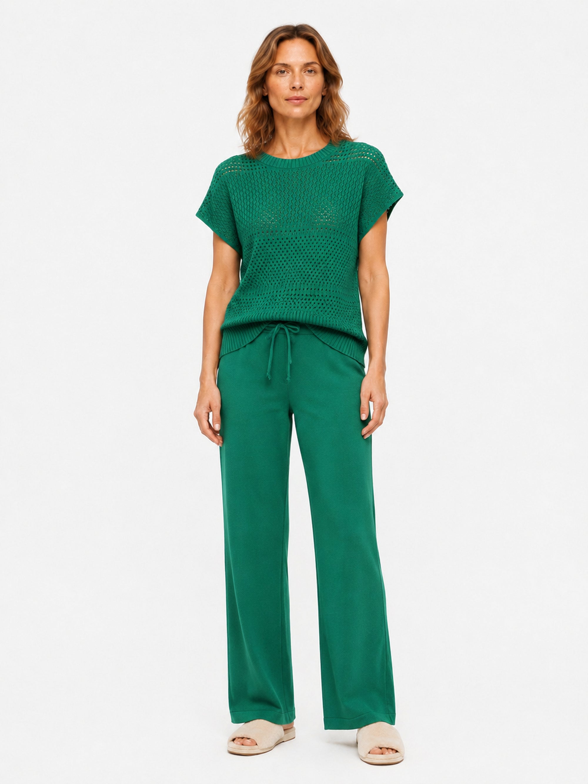 MY010 green open-knit sleeveless top & pants set front model view