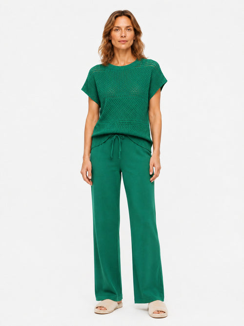 MY010 green open-knit sleeveless top & pants set front model view