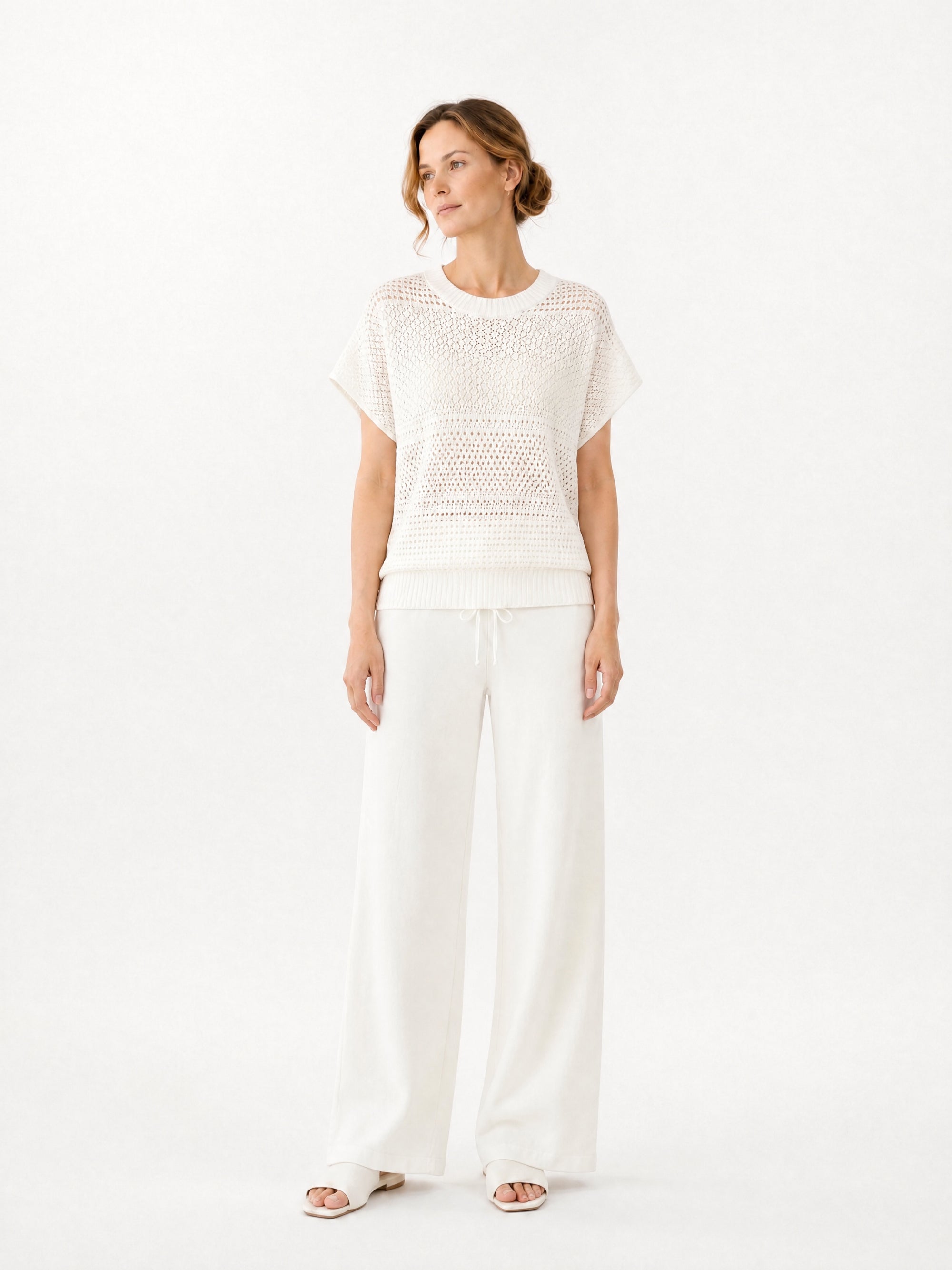 MY010 white open-knit sleeveless top & pants set front model view