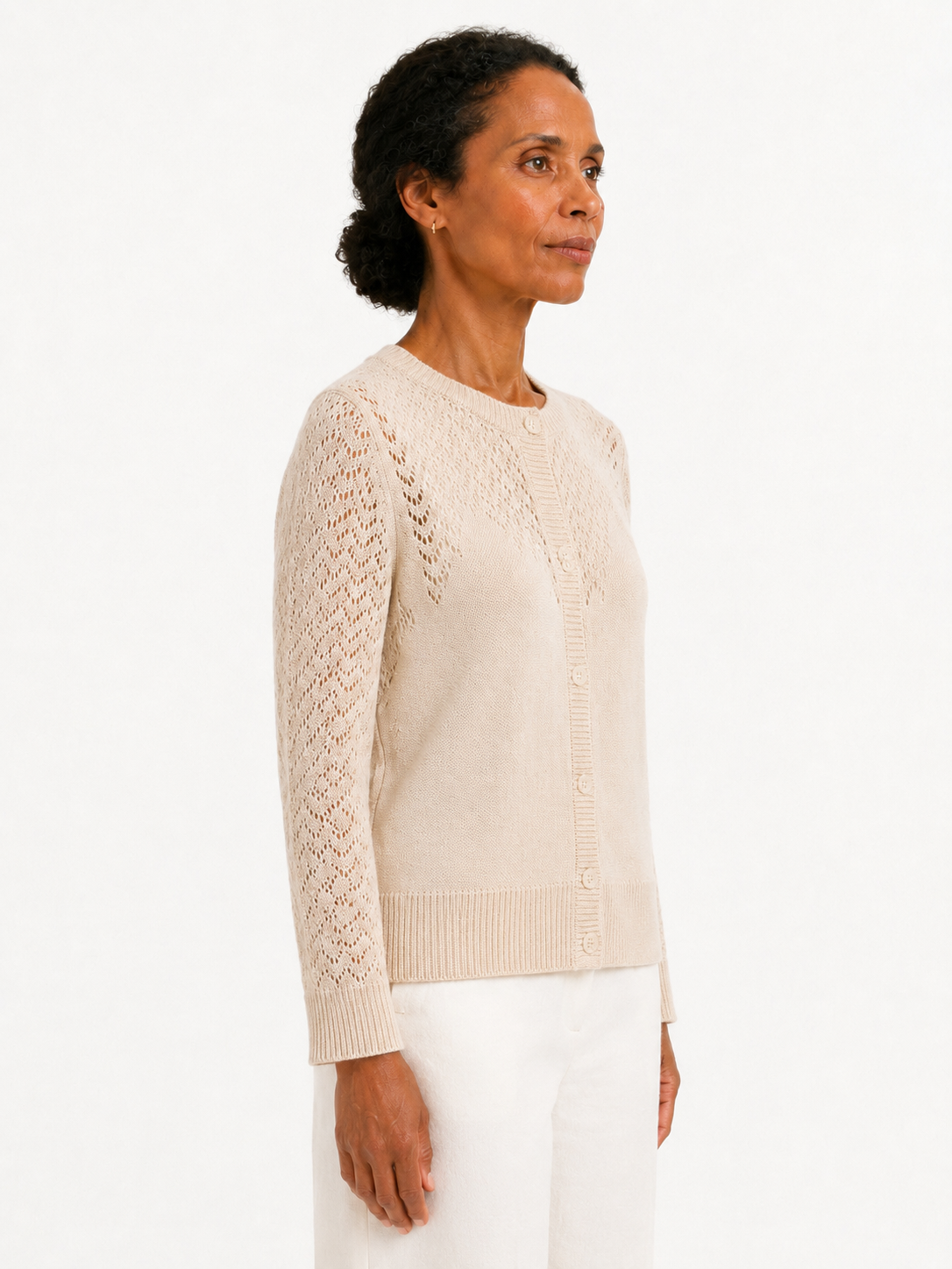 MY023 apricot openwork round-neck three-quarter sleeve cardigan front model view
