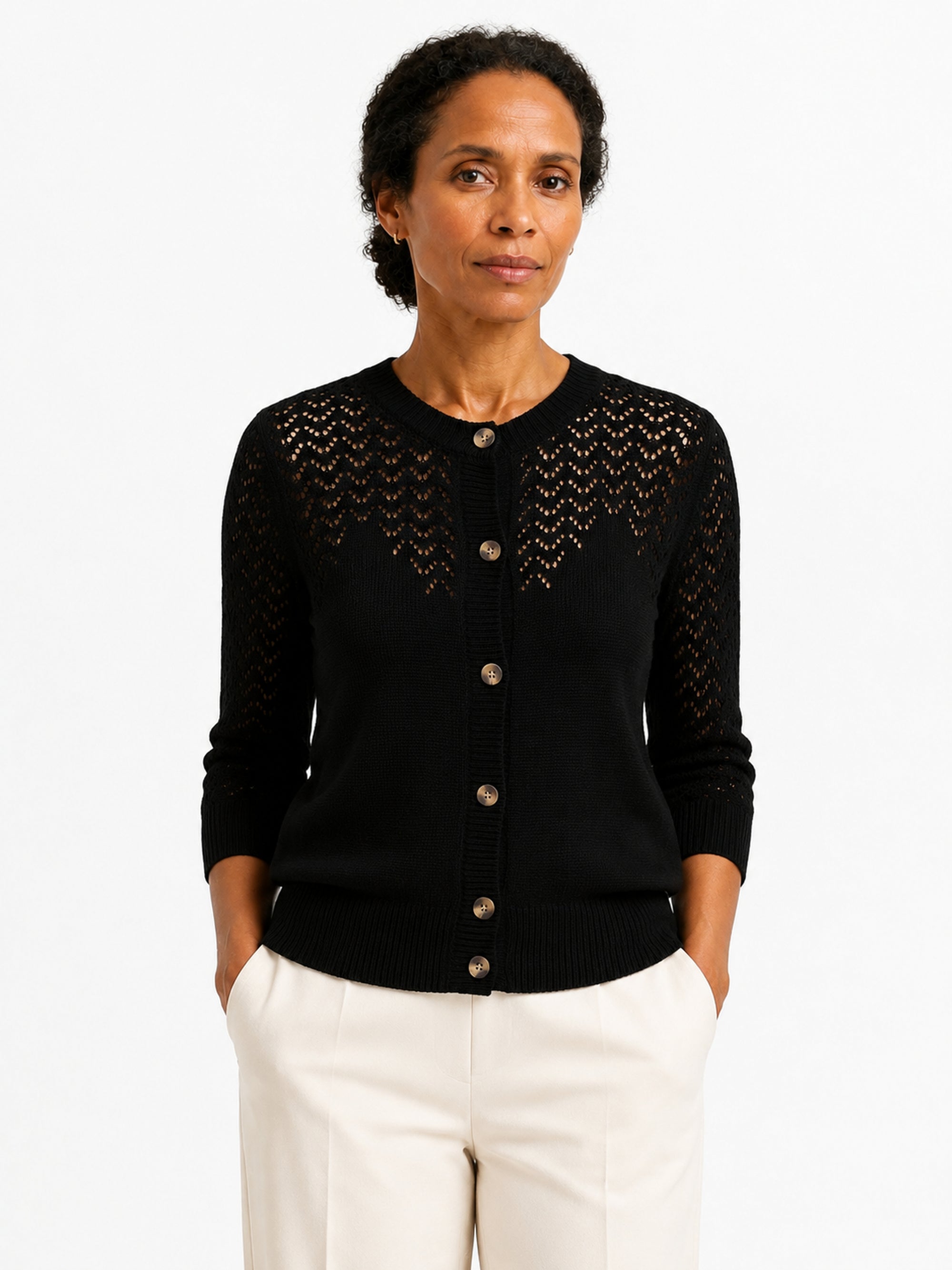 MY023 black openwork round-neck three-quarter sleeve cardigan front model view