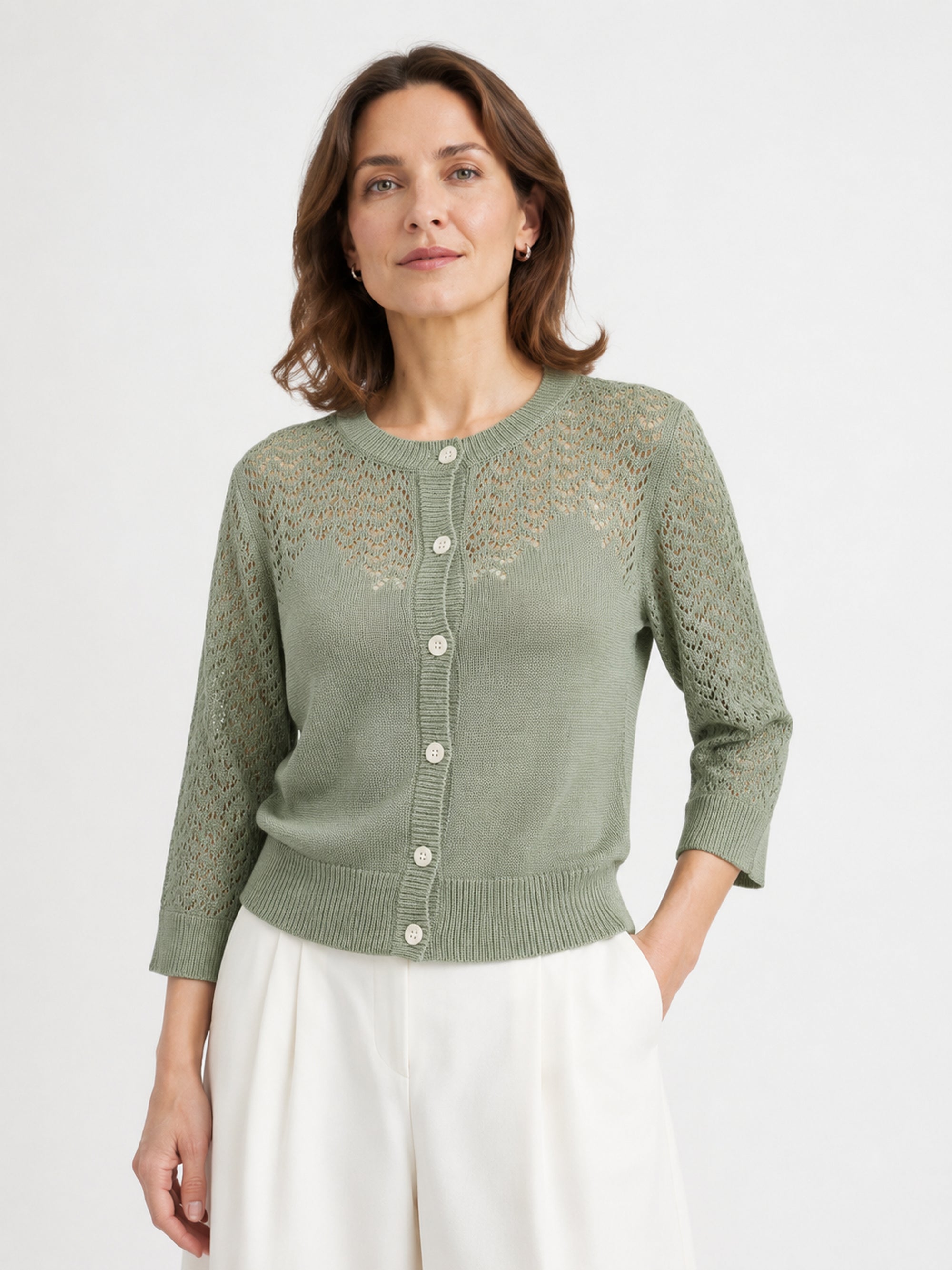 MY023 green openwork round-neck three-quarter sleeve cardigan front model view
