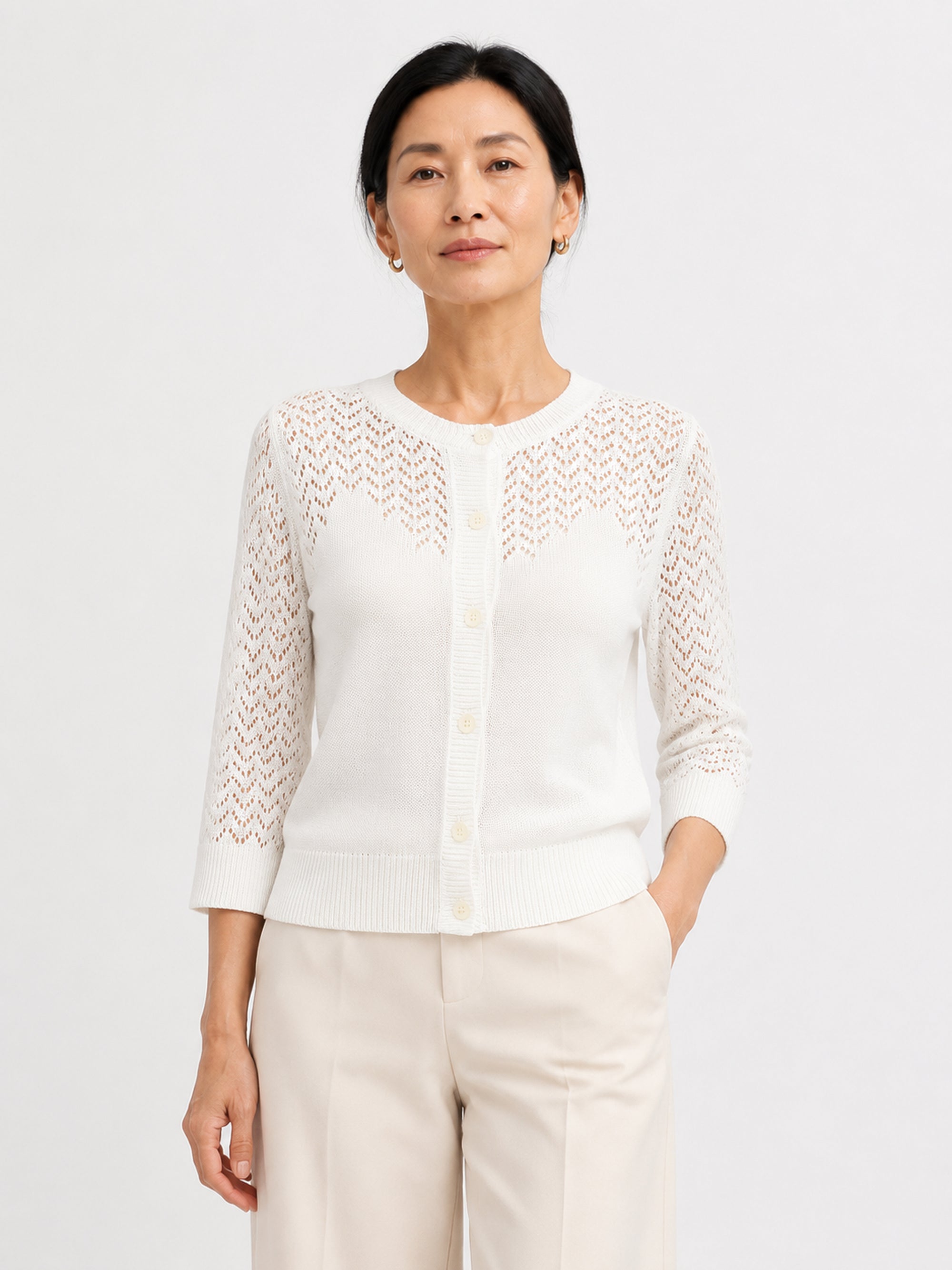 MY023 white openwork round-neck three-quarter sleeve cardigan front model view