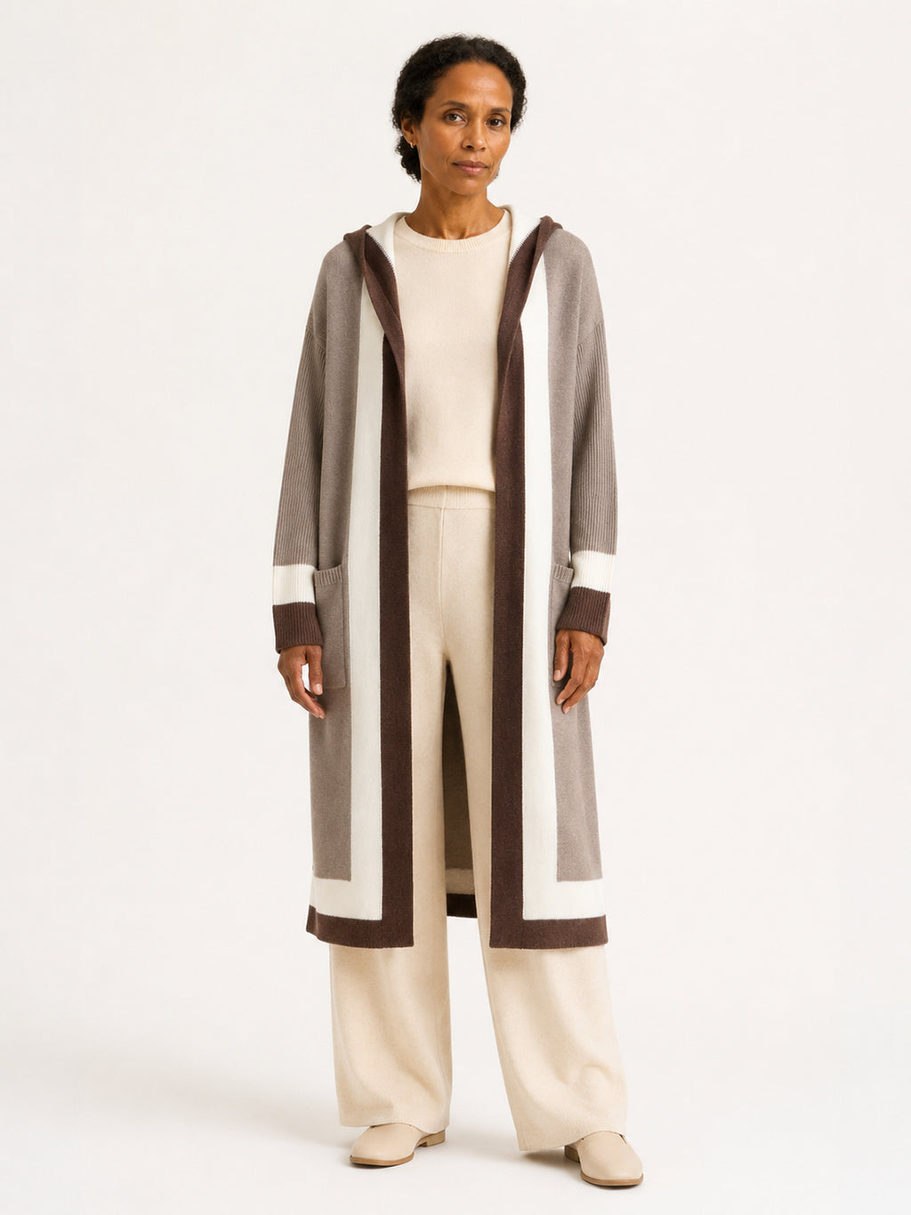 MY004 brown hooded long knit cape cardigan front model view