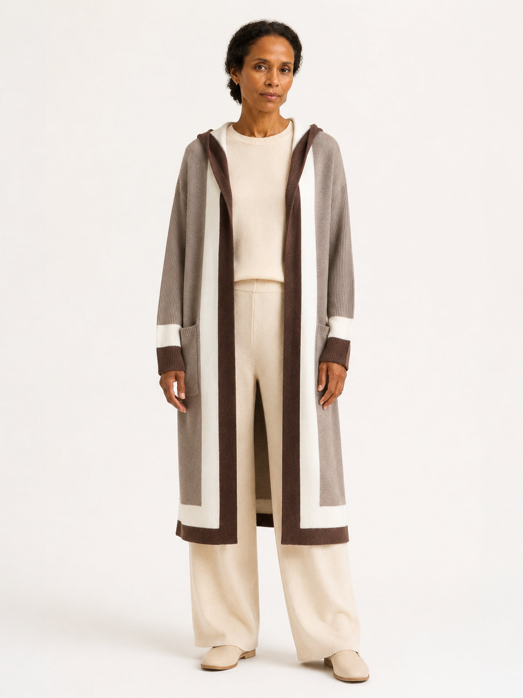 MY004 brown hooded long knit cape cardigan front model view