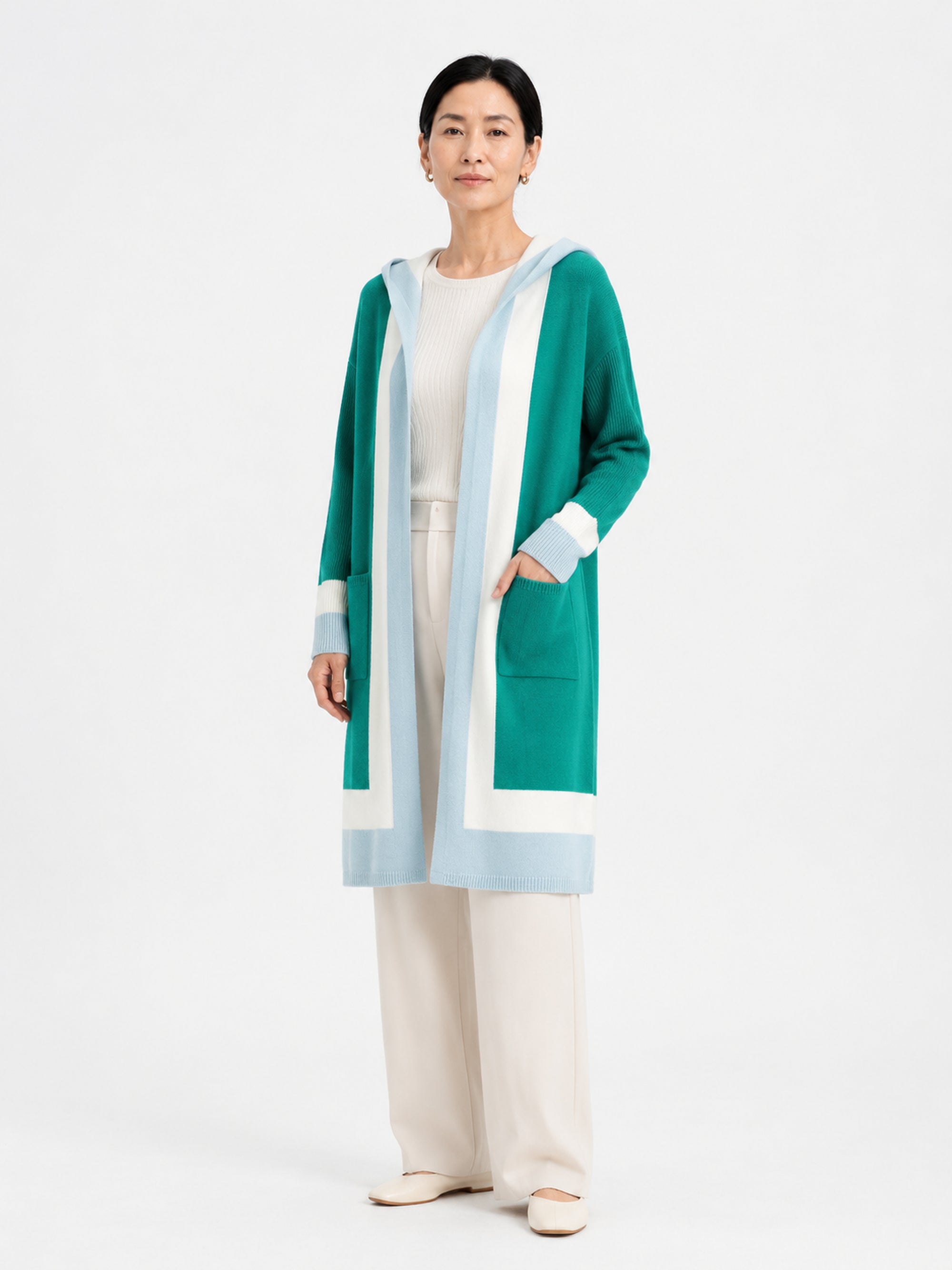MY004 green hooded long knit cape cardigan front model view