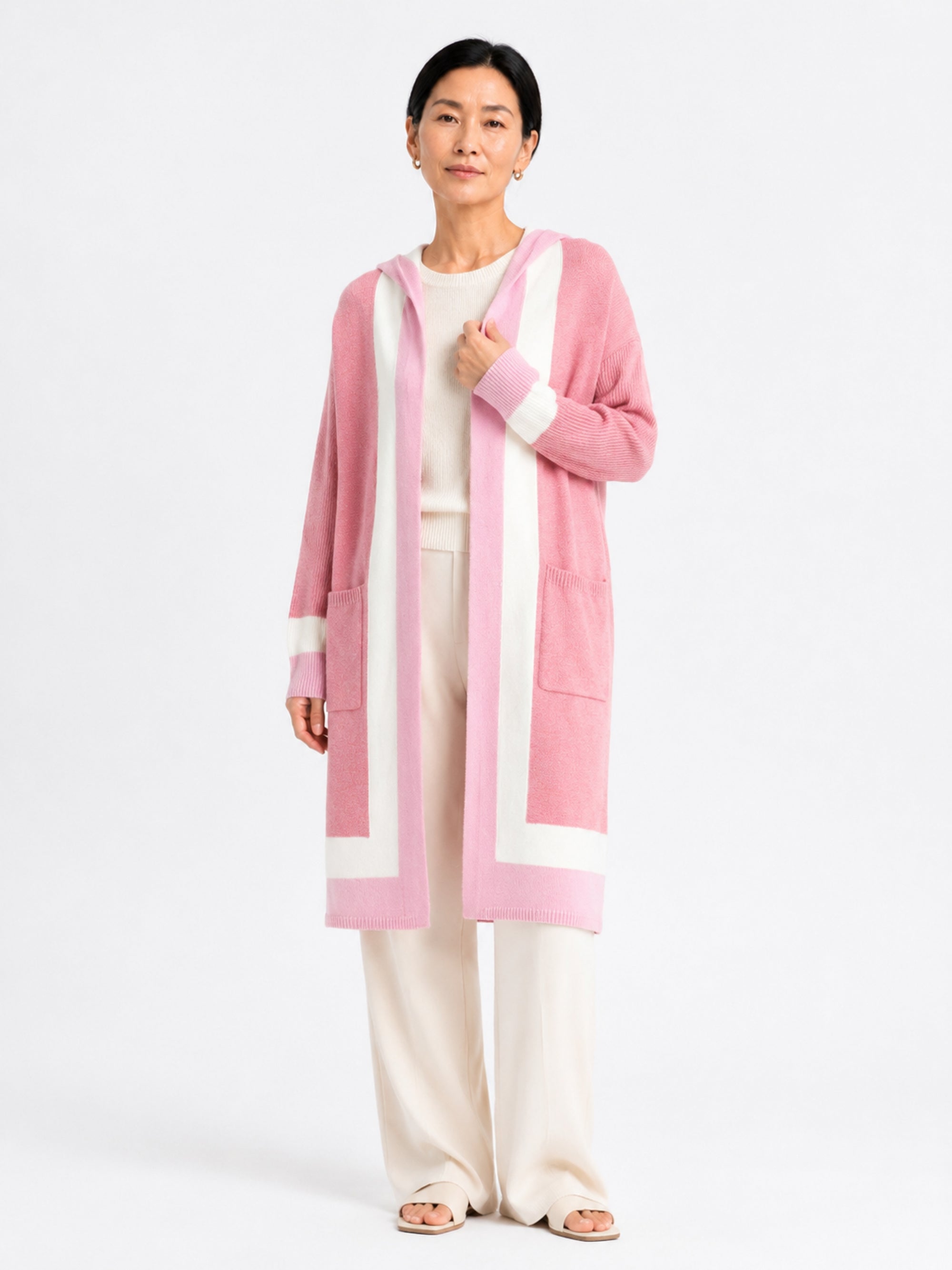 MY004 soft pink hooded long knit cape cardigan front model view