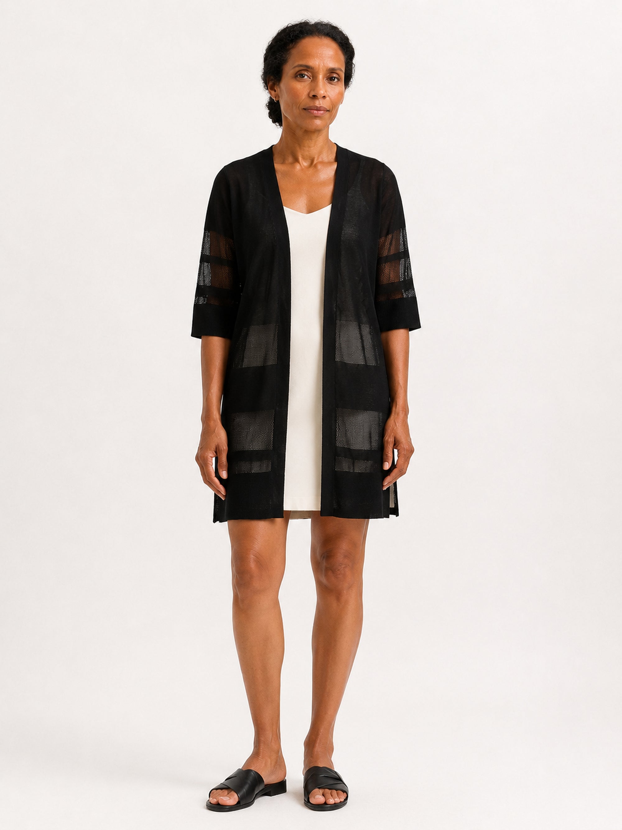 MY022 black long openwork v-neck cardigan front model view