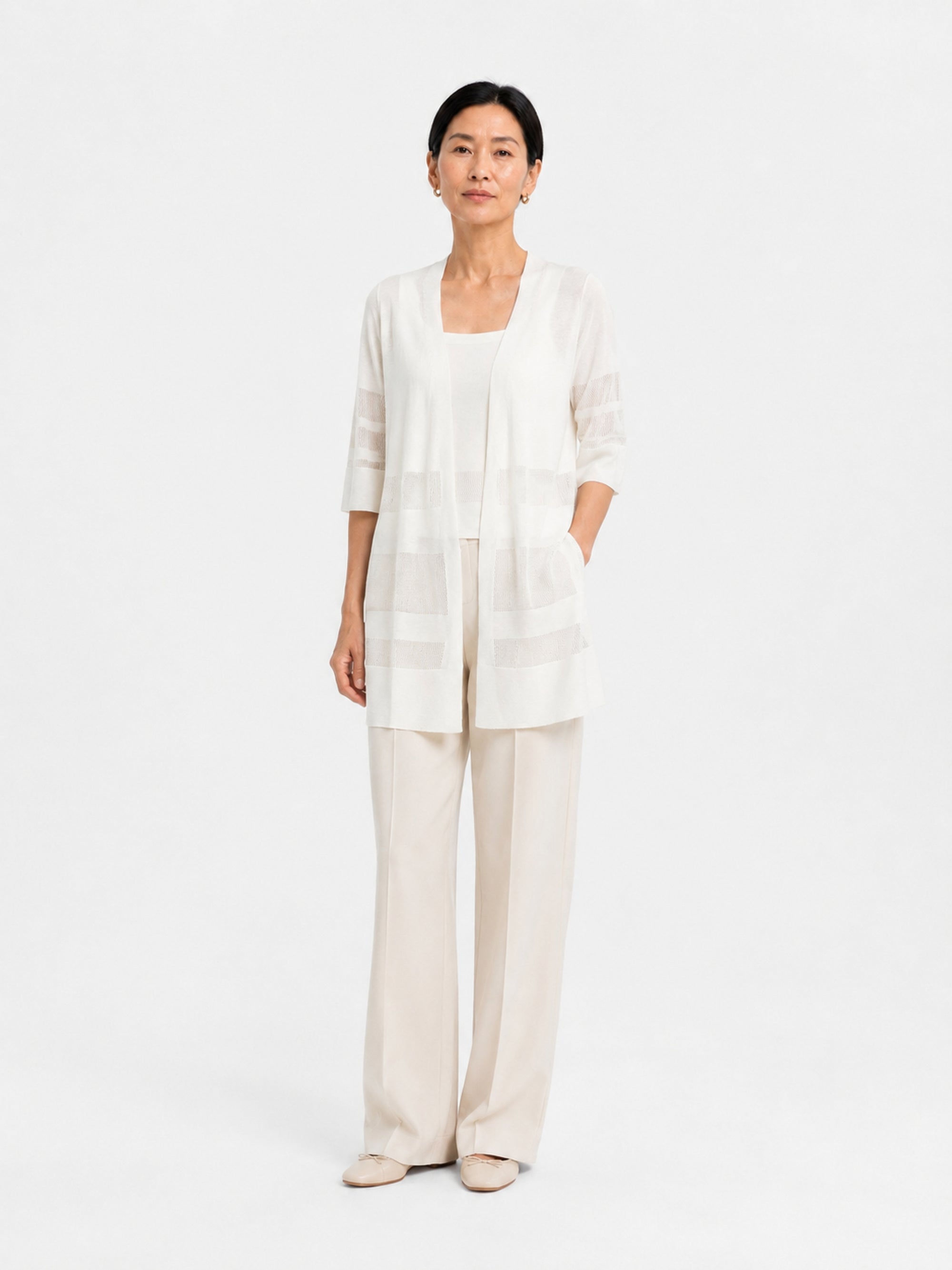 MY022 white long openwork v-neck cardigan front model view