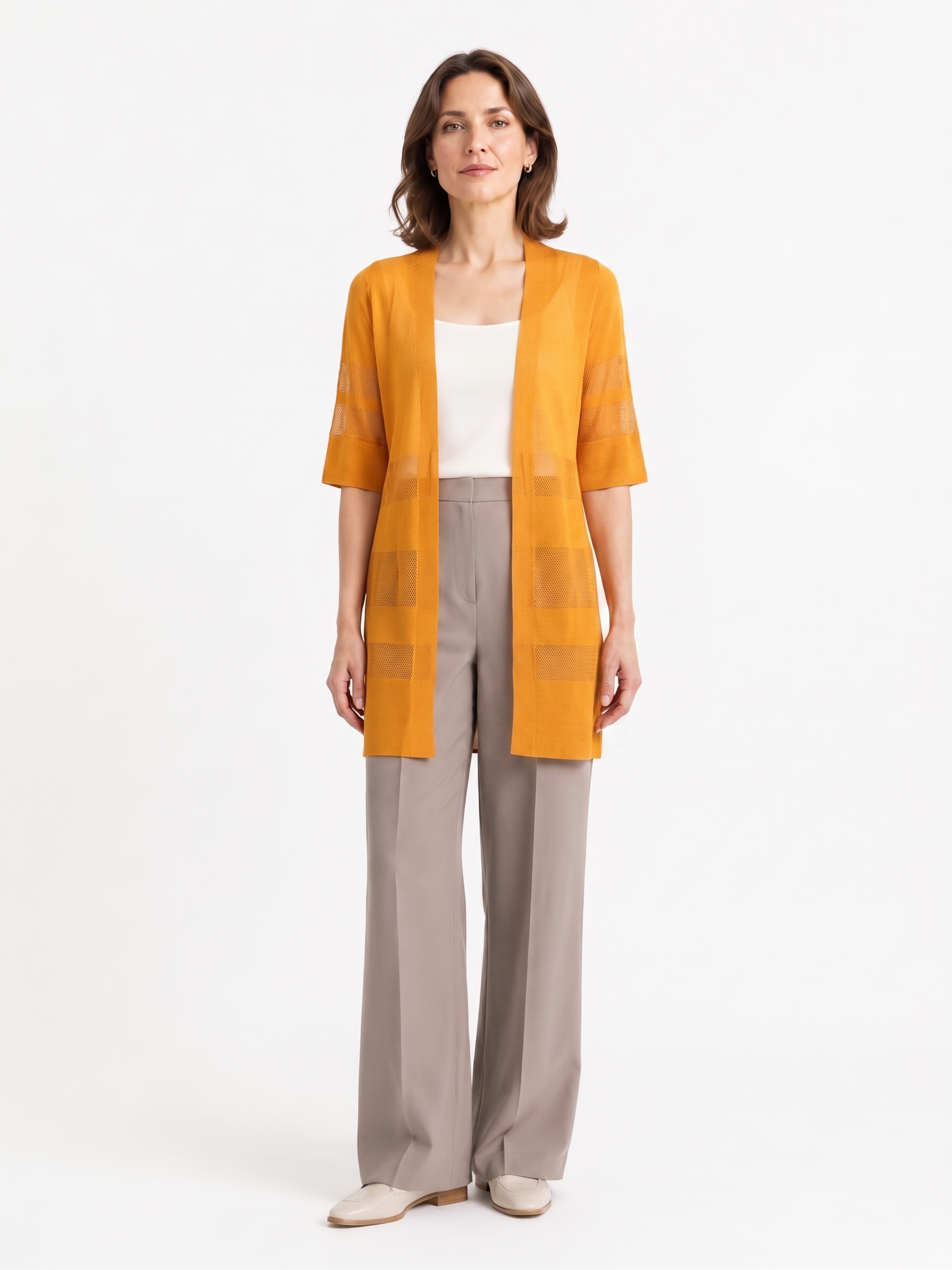 MY022 yellow long openwork v-neck cardigan front model view
